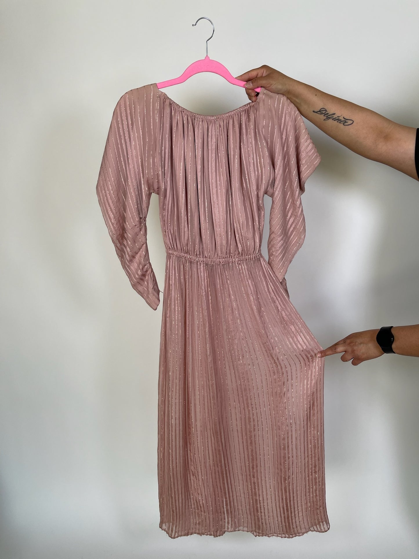 Vintage 70s 80s Pink Silk Chiffon Dress With Avant Garde Shoulders - Fits Most Sizes