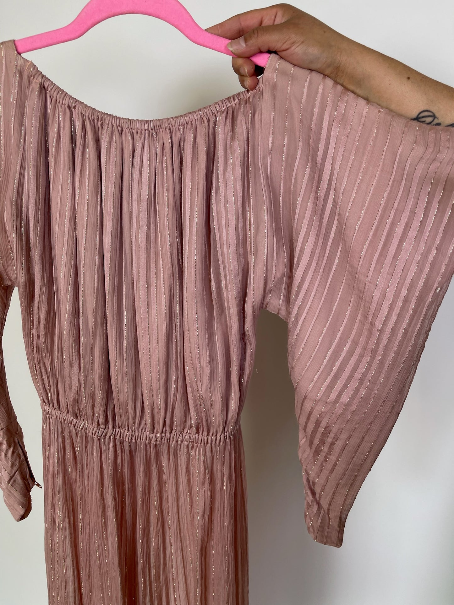 Vintage 70s 80s Pink Silk Chiffon Dress With Avant Garde Shoulders - Fits Most Sizes