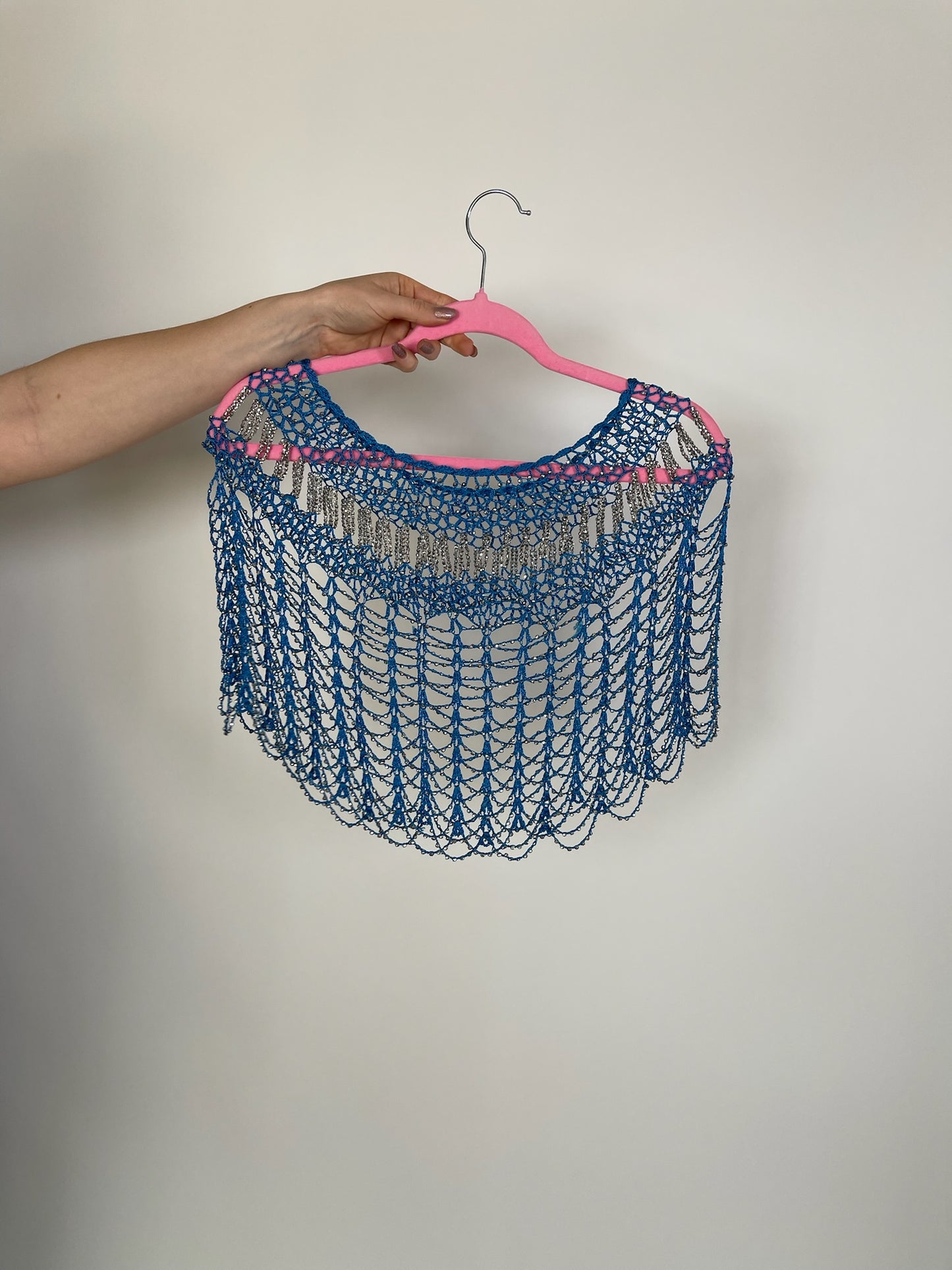 Vintage 70s Blue & Silver Beaded Shoulder Shawl - One Size