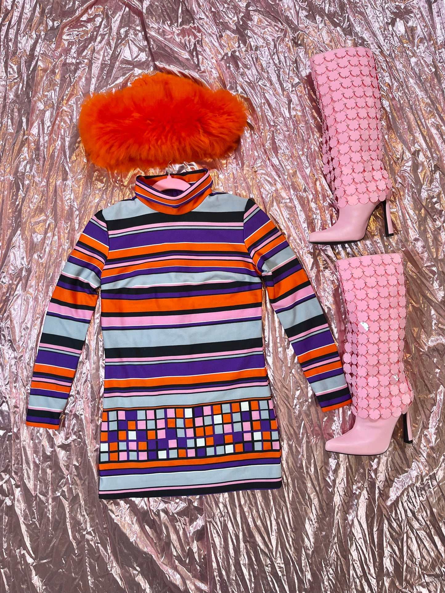 Vintage 60s Pixels And Stripes Turtleneck Dress - Best Fits Size XXS-M