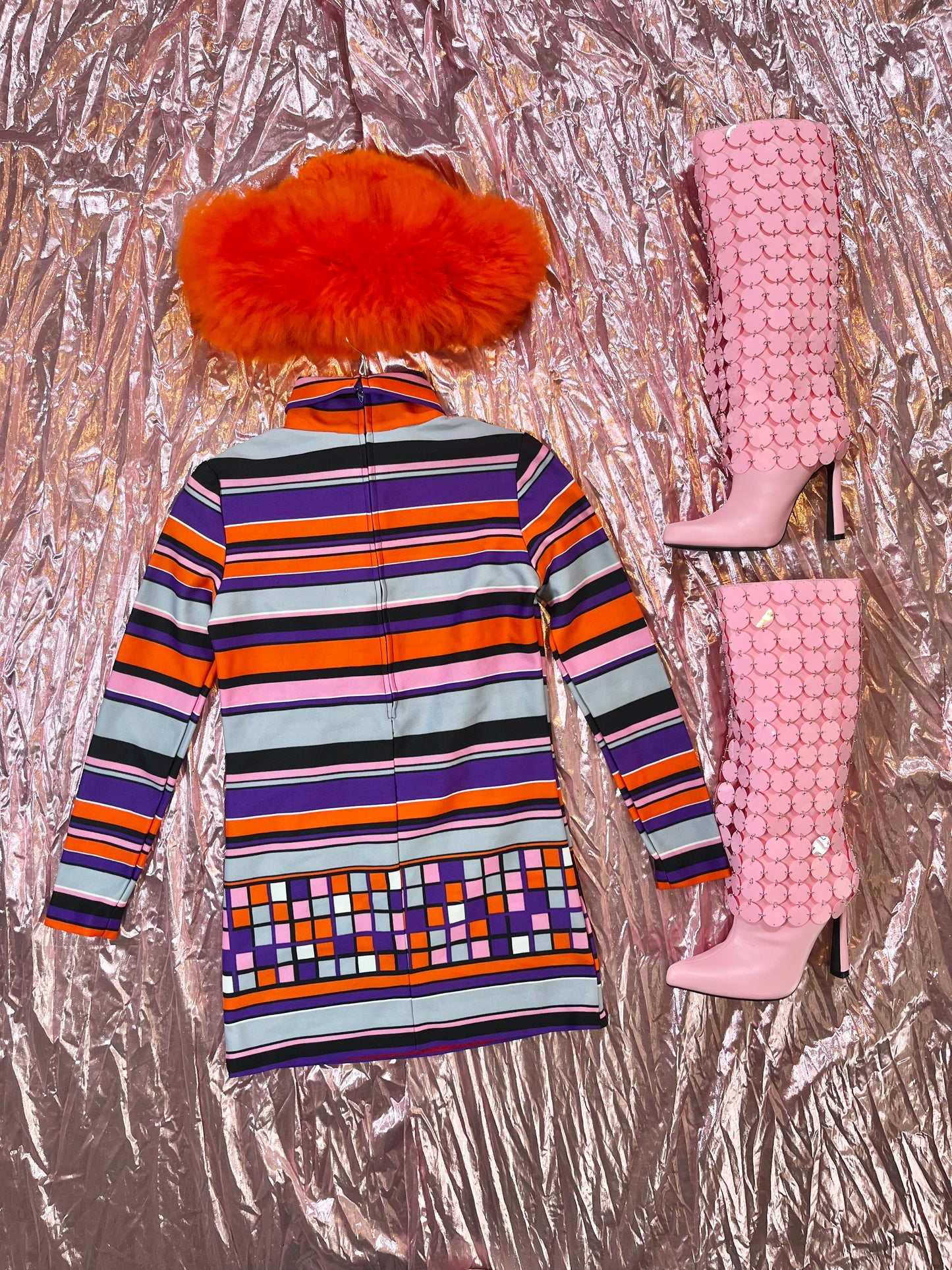 Vintage 60s Pixels And Stripes Turtleneck Dress - Best Fits Size XXS-M