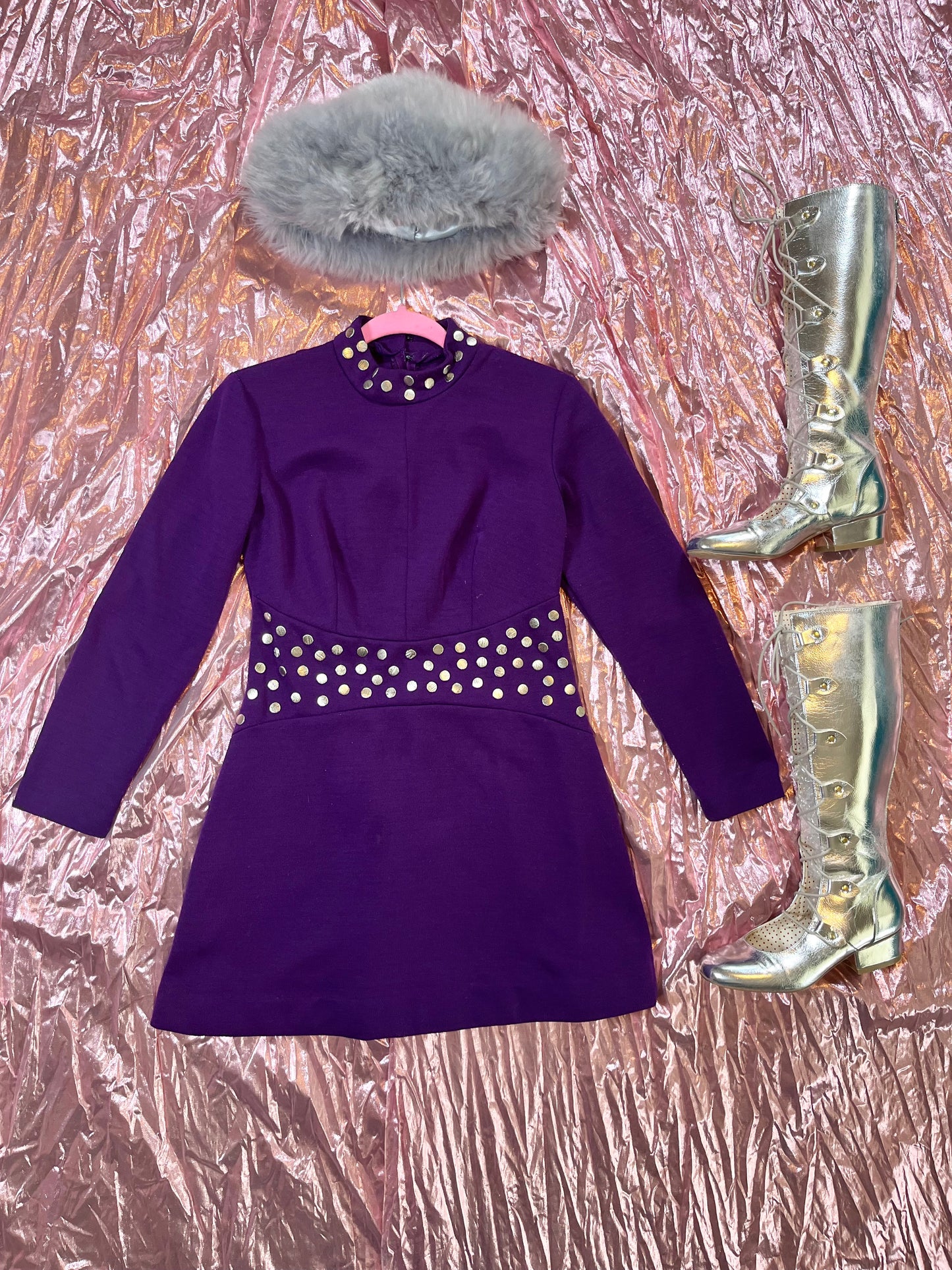 Vintage 60s Purple Studded Mini Dress - Best Fits Size XS-M