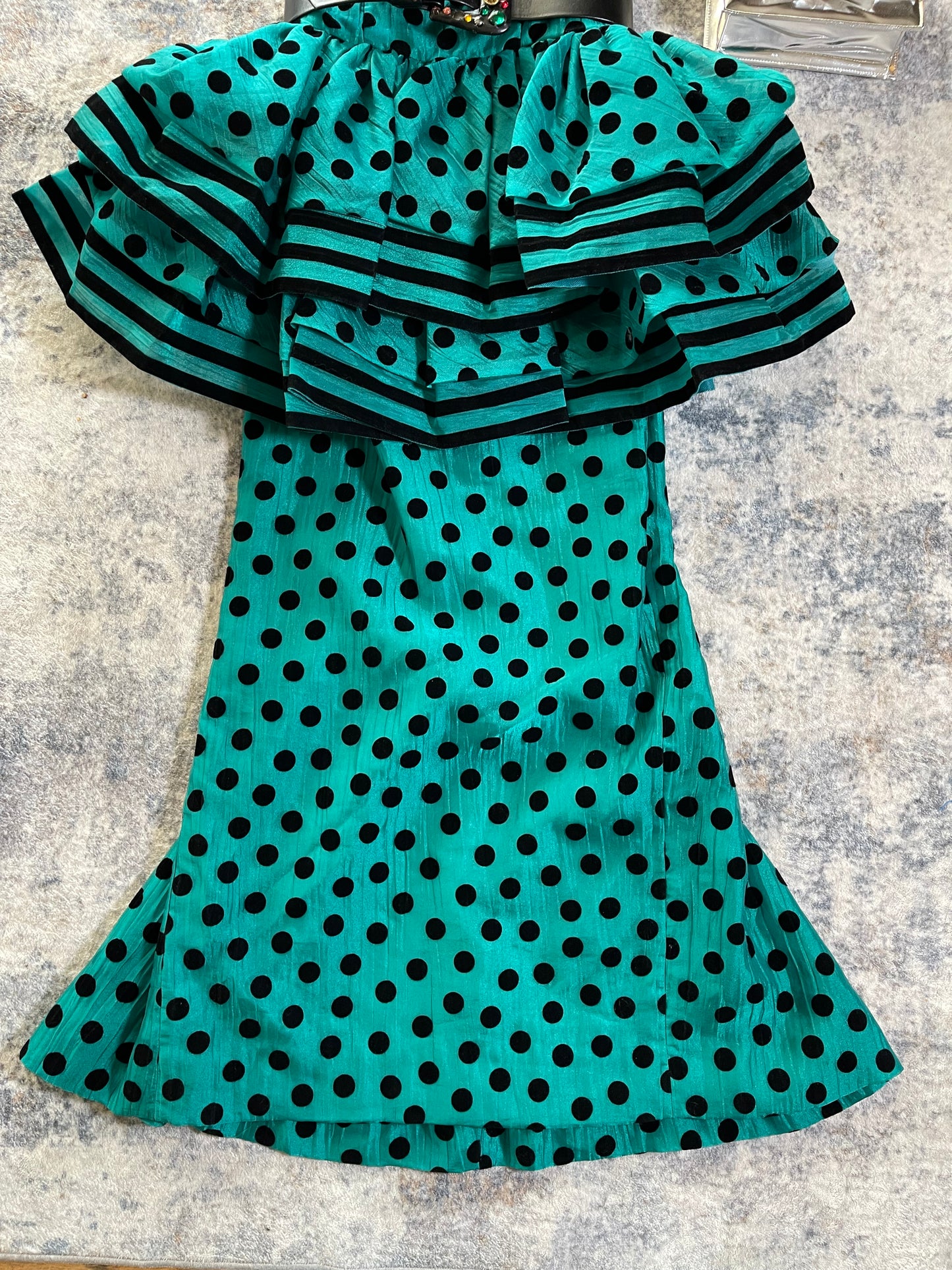 Victor Costa Polka Dot Peplum Aqua Blue Green Gown XS-SM