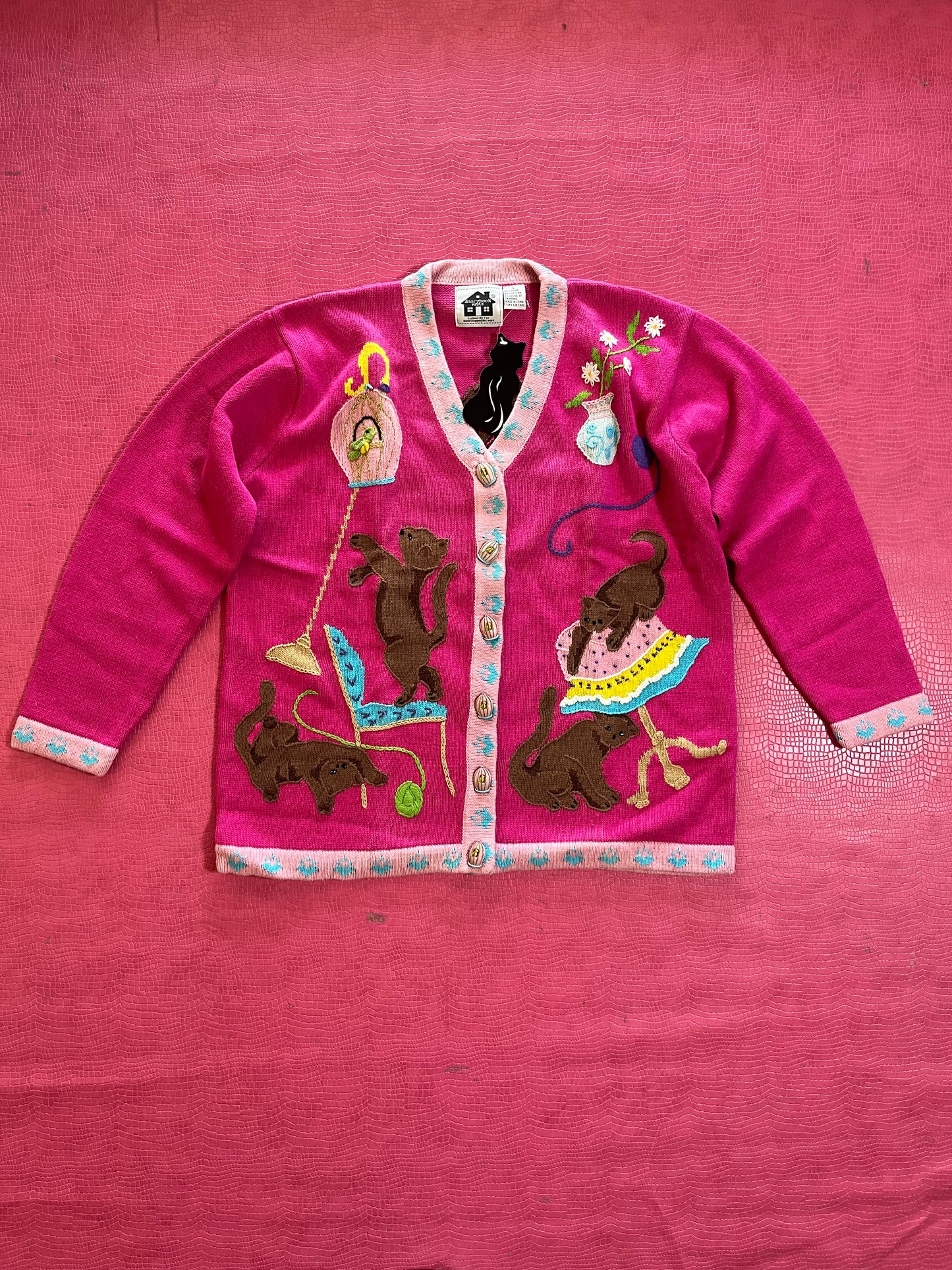 DEAD STOCK Vintage 90s "Story Book Knits" Cats Playing Cardigan - Fits Most Sizes