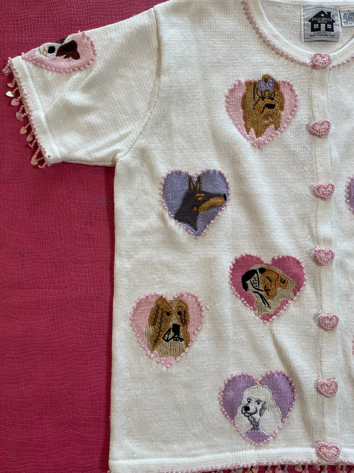 Vintage 90s "Story Book Knits" Girl's Best Friend Short Sleeve Cardigan Size L - Fits Most Sizes