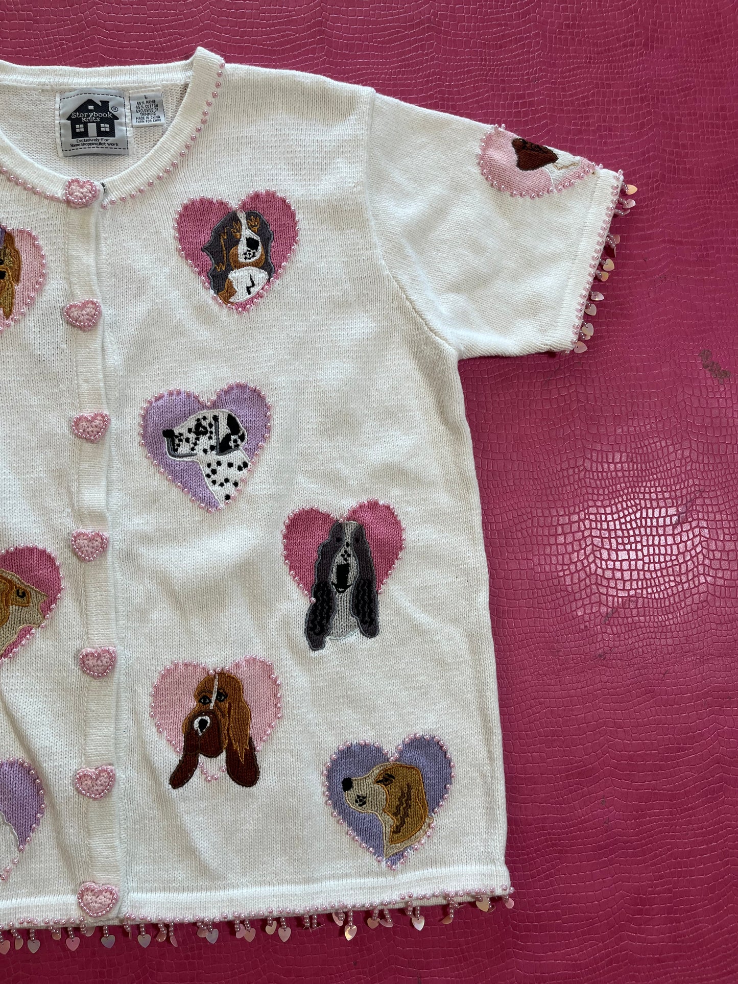 Vintage 90s "Story Book Knits" Girl's Best Friend Short Sleeve Cardigan Size L - Fits Most Sizes