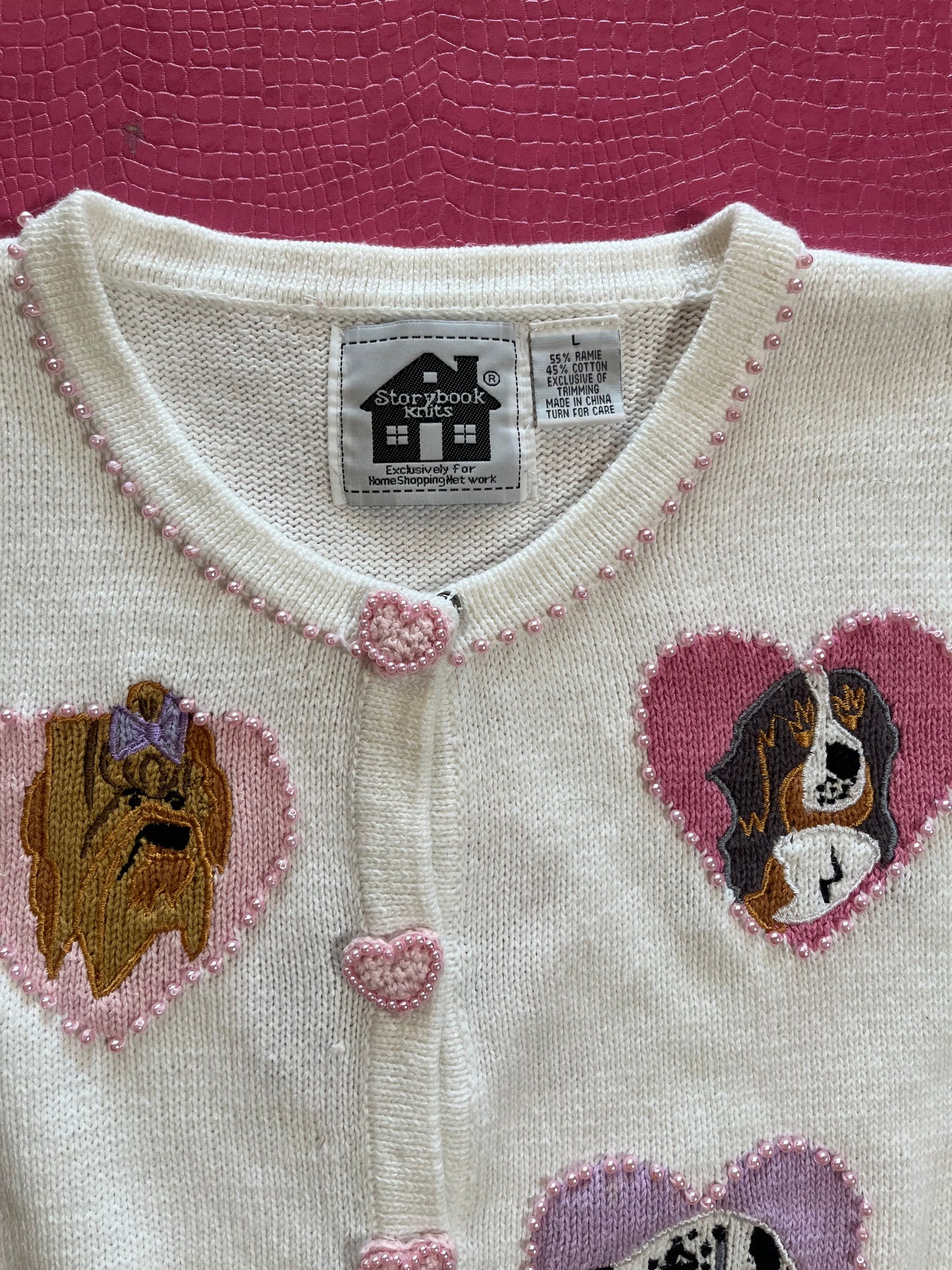 Vintage 90s "Story Book Knits" Girl's Best Friend Short Sleeve Cardigan Size L - Fits Most Sizes