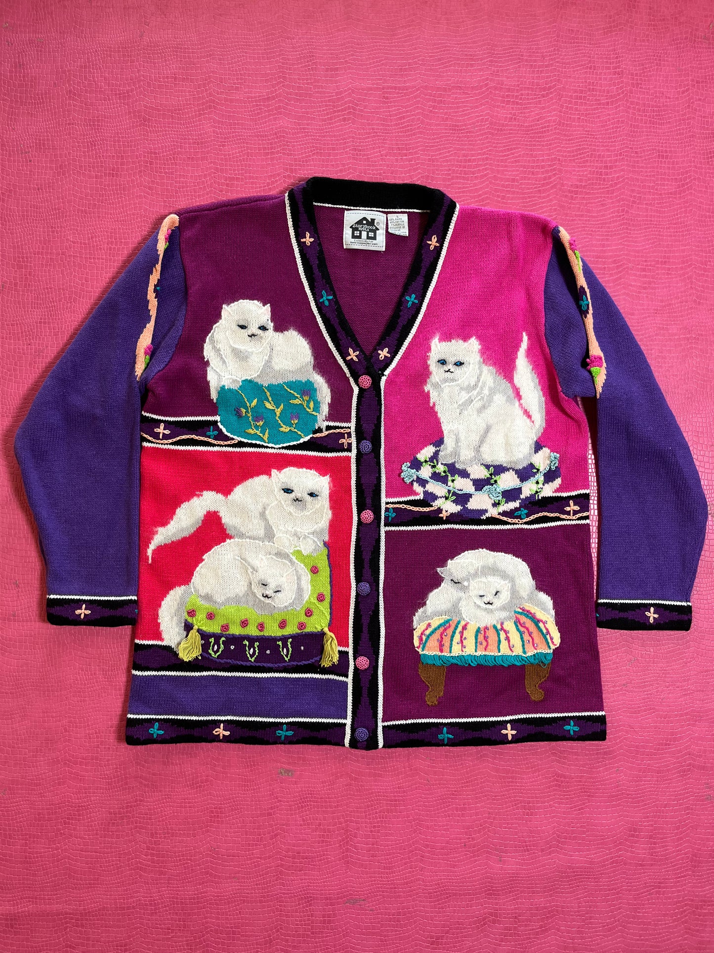 Vintage 90s "Story Book Knits" White Persian Cats Cardigan - Fits Most Sizes