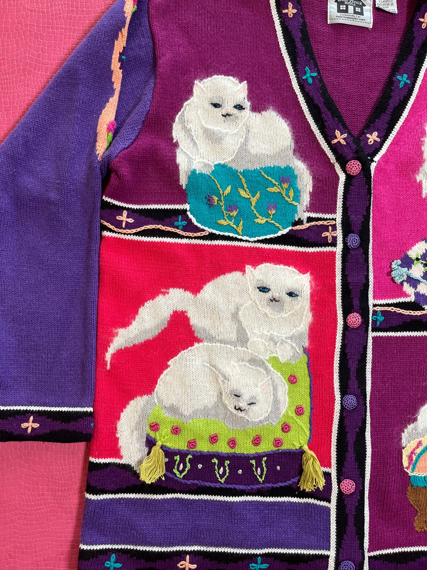 Vintage 90s "Story Book Knits" White Persian Cats Cardigan - Fits Most Sizes