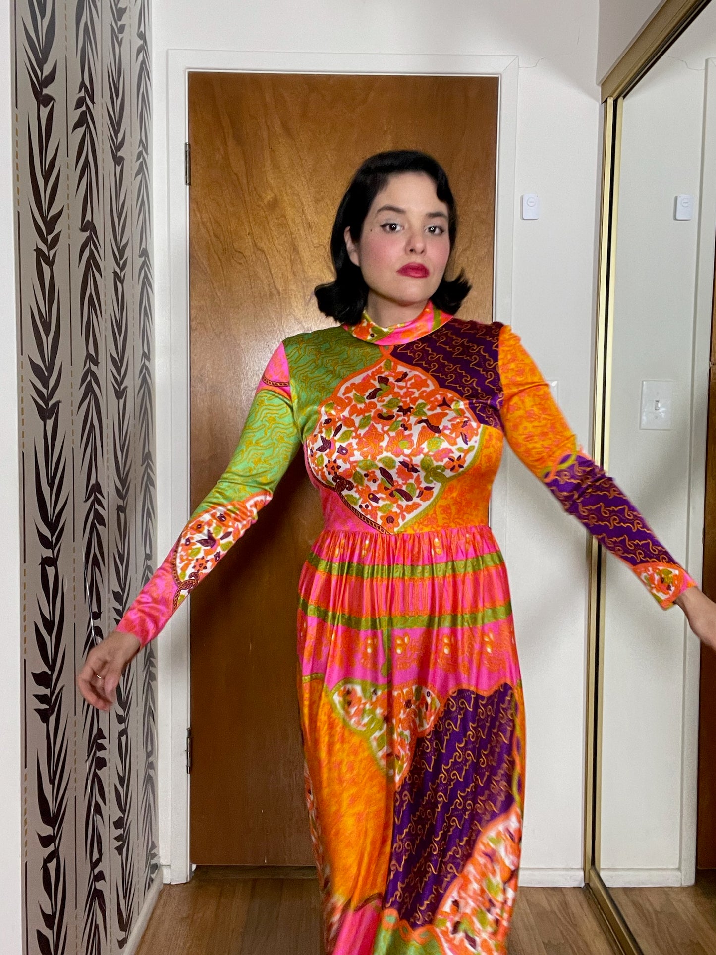 Vintage 60s 70s "Domino" Multicolored Maxi Dress - Best Fits Size XS-S