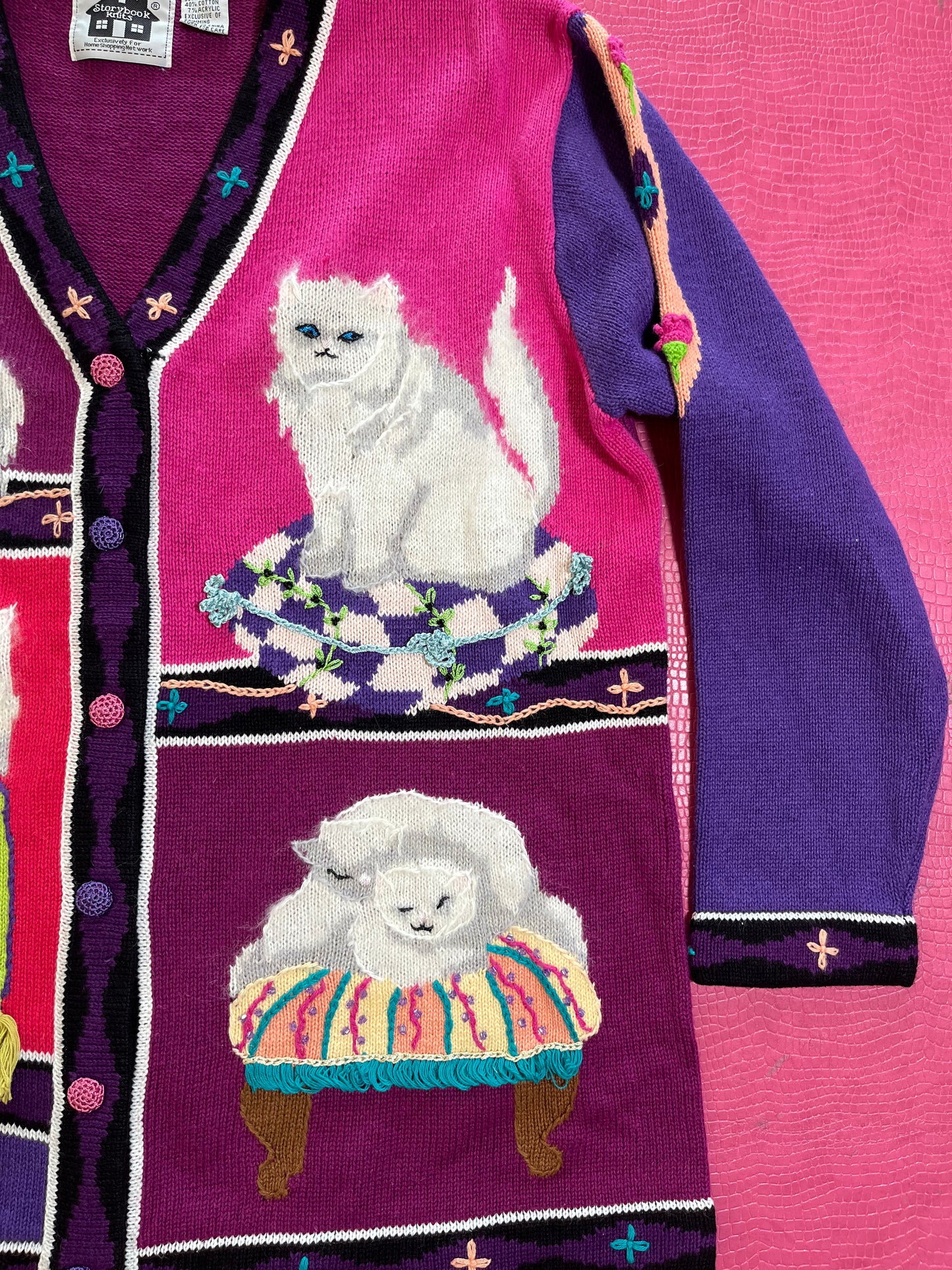 Vintage 90s "Story Book Knits" White Persian Cats Cardigan - Fits Most Sizes