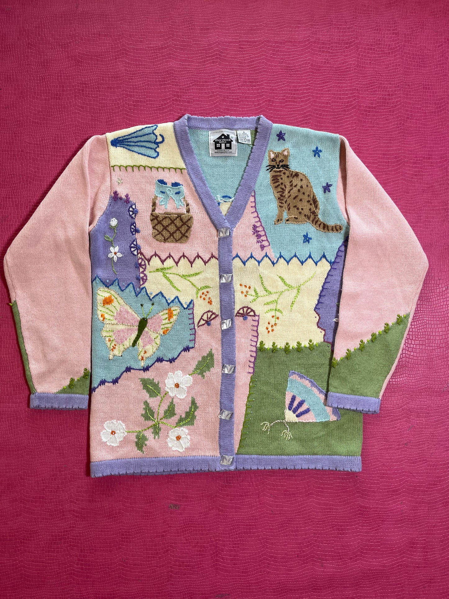 Vintage 90s "Story Book Knits" Butterly Picnic Cardigan - Fits Most Sizes
