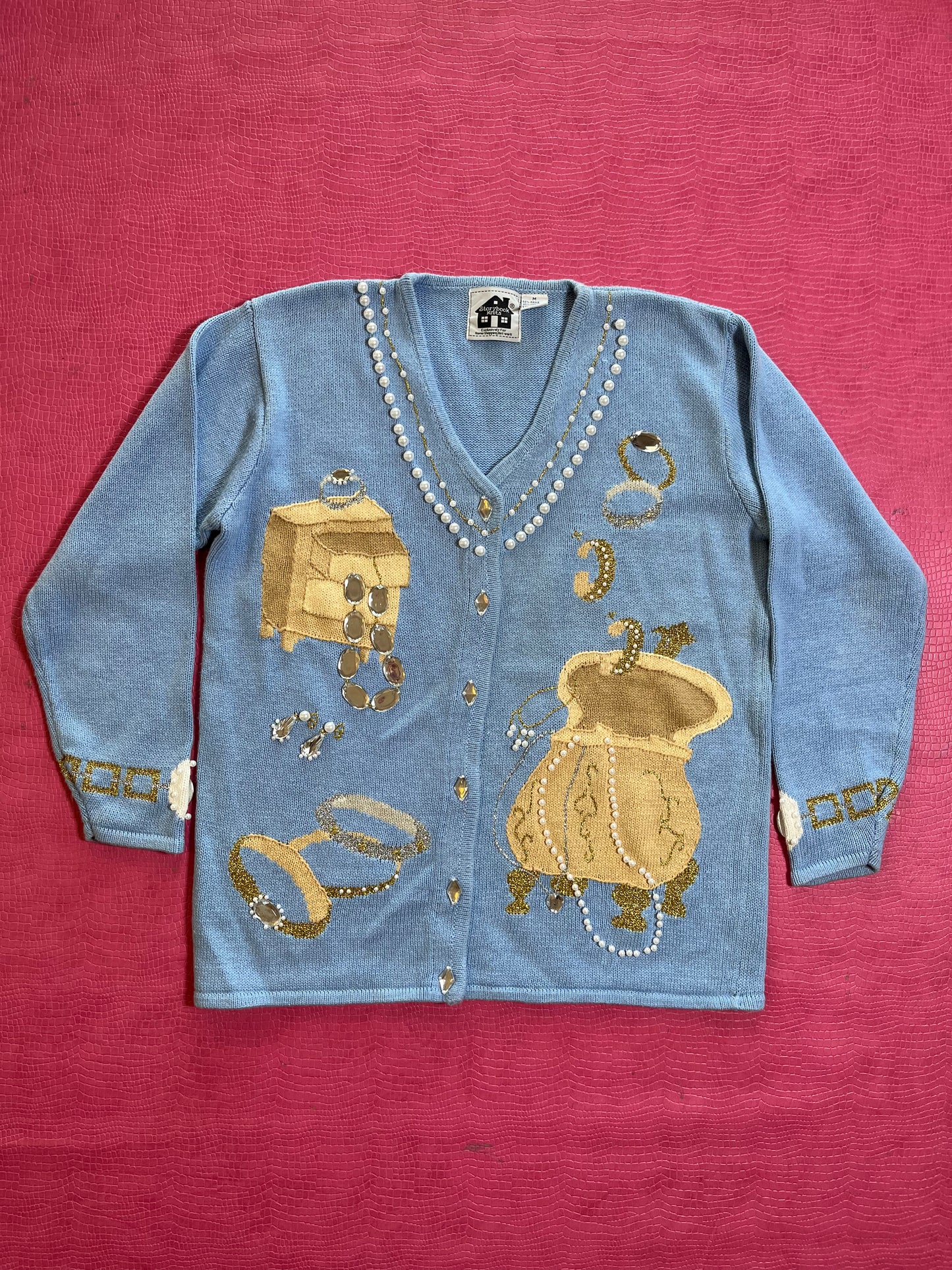 Vintage 90s "Story Book Knits" Blue Treasure Chest Cardigan Size M - Fits Most Sizes