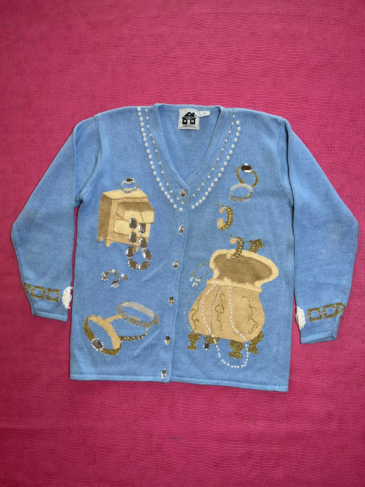 Vintage 90s "Story Book Knits" Blue Treasure Chest Cardigan Size M - Fits Most Sizes