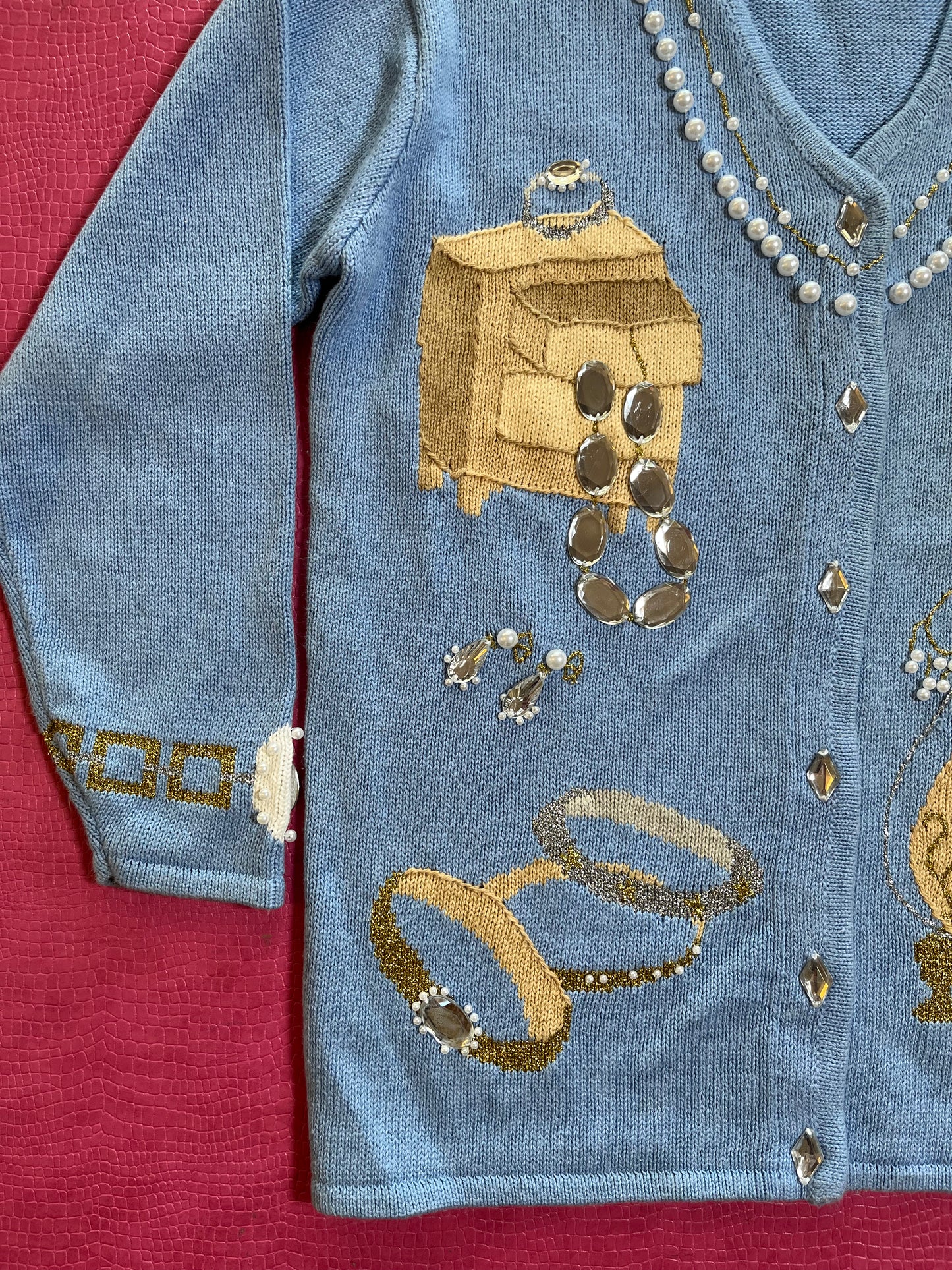 Vintage 90s "Story Book Knits" Blue Treasure Chest Cardigan Size M - Fits Most Sizes