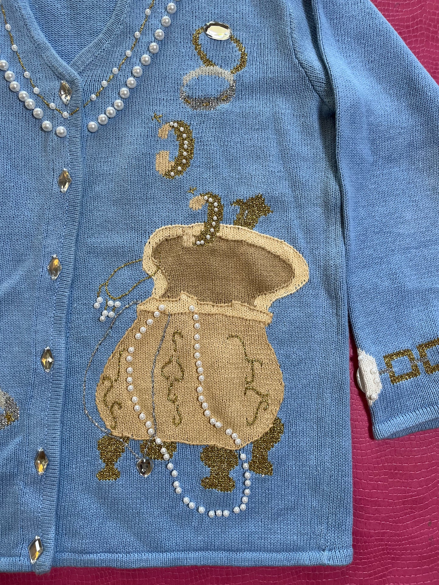 Vintage 90s "Story Book Knits" Blue Treasure Chest Cardigan Size M - Fits Most Sizes