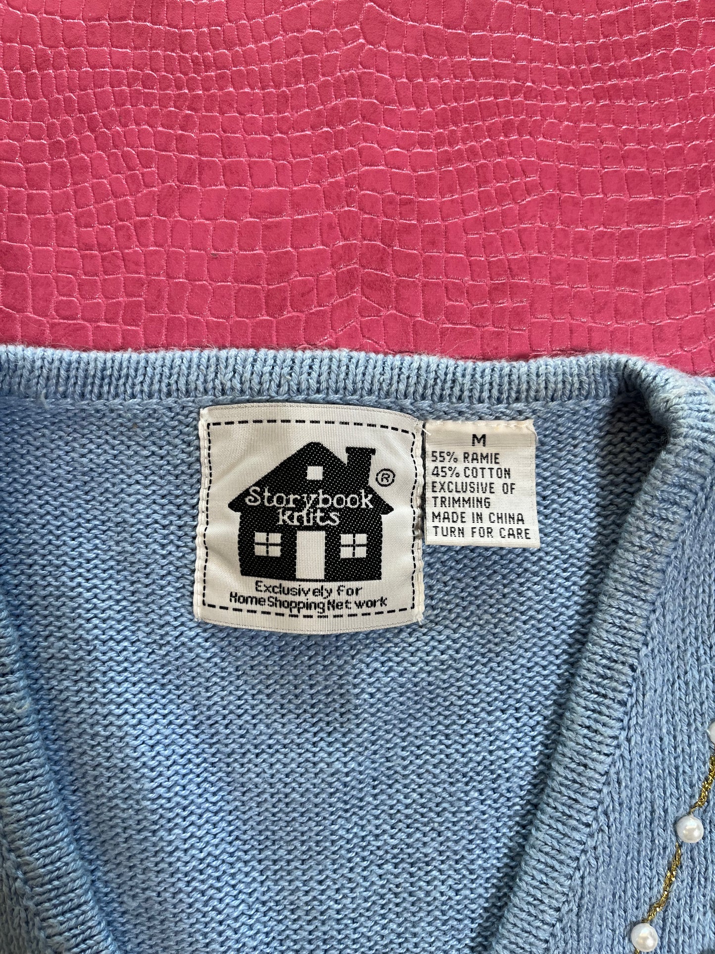 Vintage 90s "Story Book Knits" Blue Treasure Chest Cardigan Size M - Fits Most Sizes
