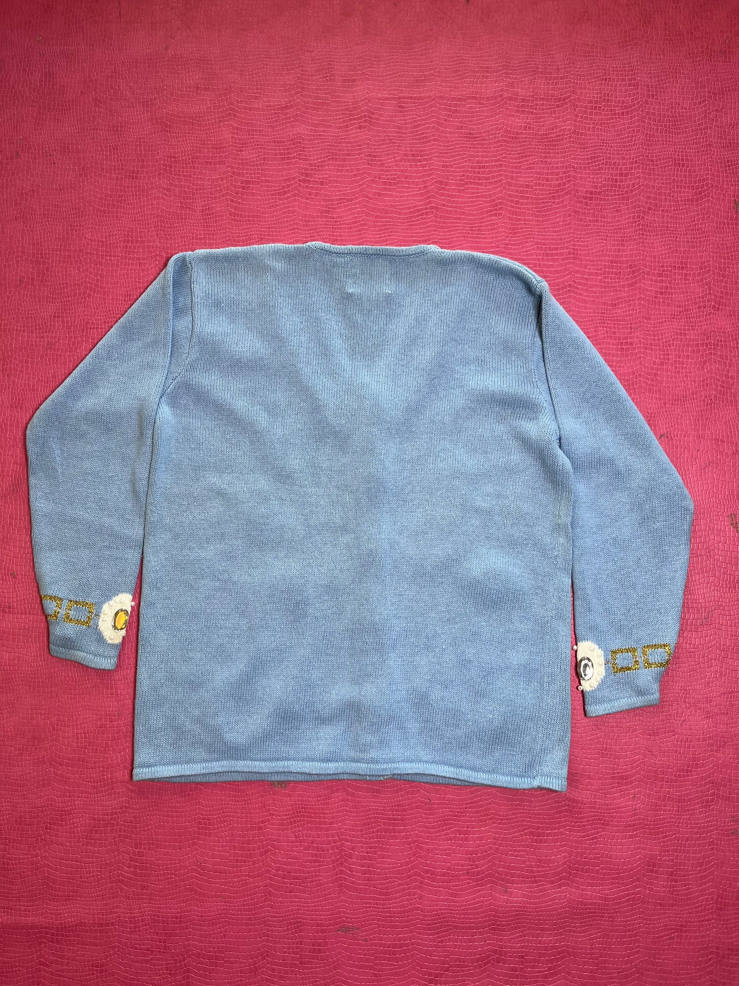 Vintage 90s "Story Book Knits" Blue Treasure Chest Cardigan Size M - Fits Most Sizes