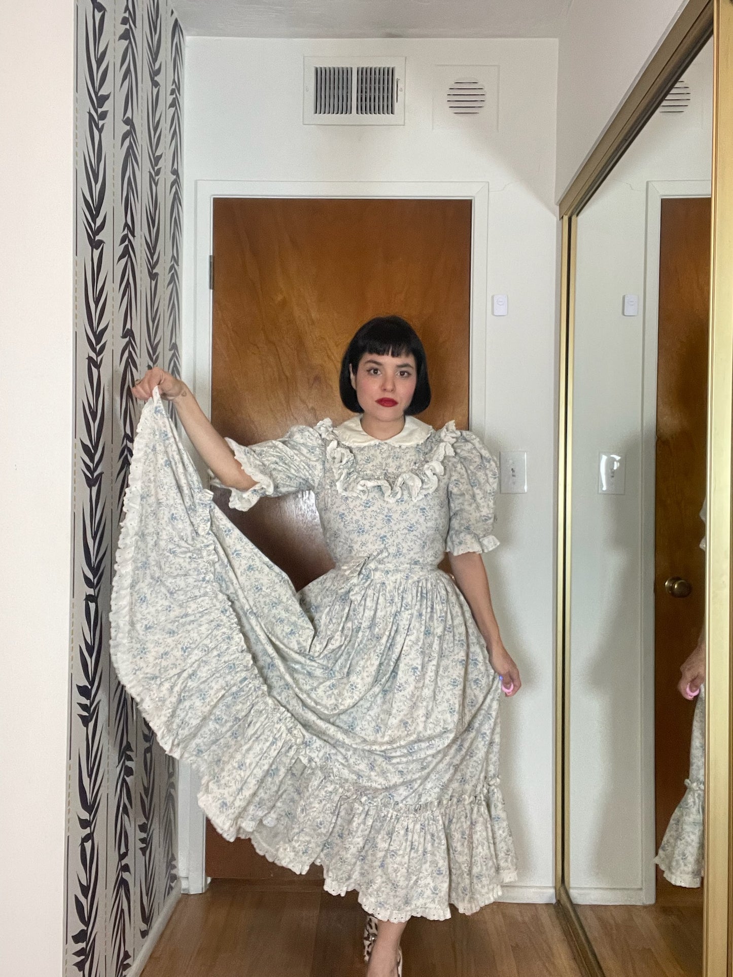 Vintage 70s Blue and Cream Prairie Dress - Best Fits Size M-L