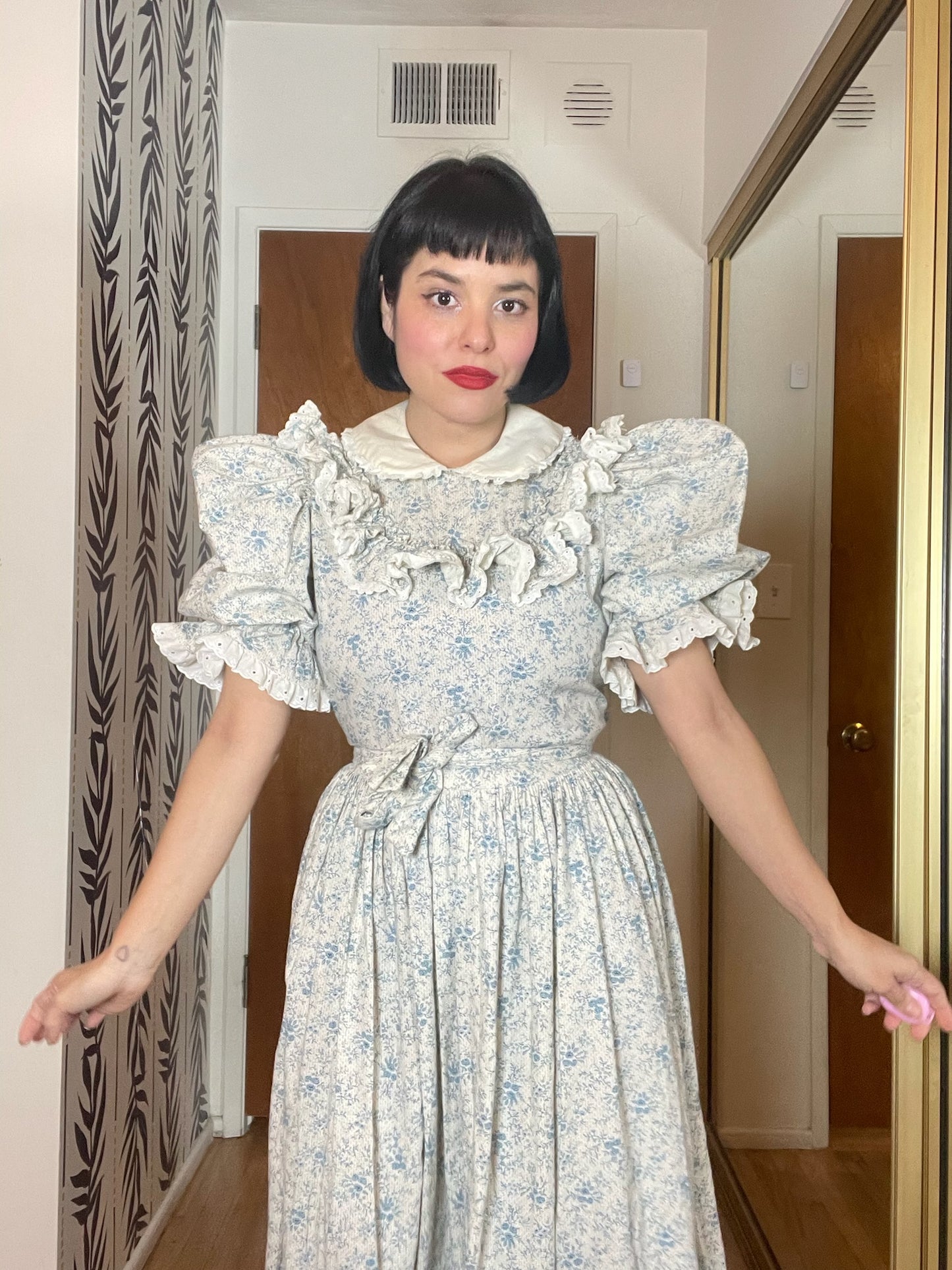 Vintage 70s Blue and Cream Prairie Dress - Best Fits Size M-L