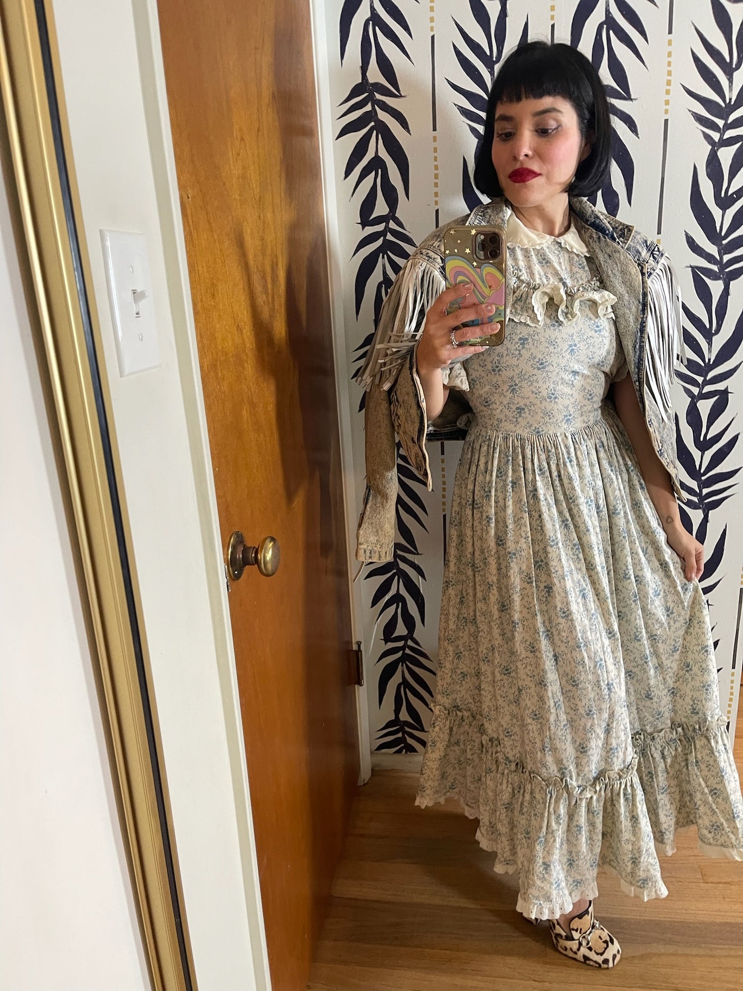 Vintage 70s Blue and Cream Prairie Dress - Best Fits Size M-L