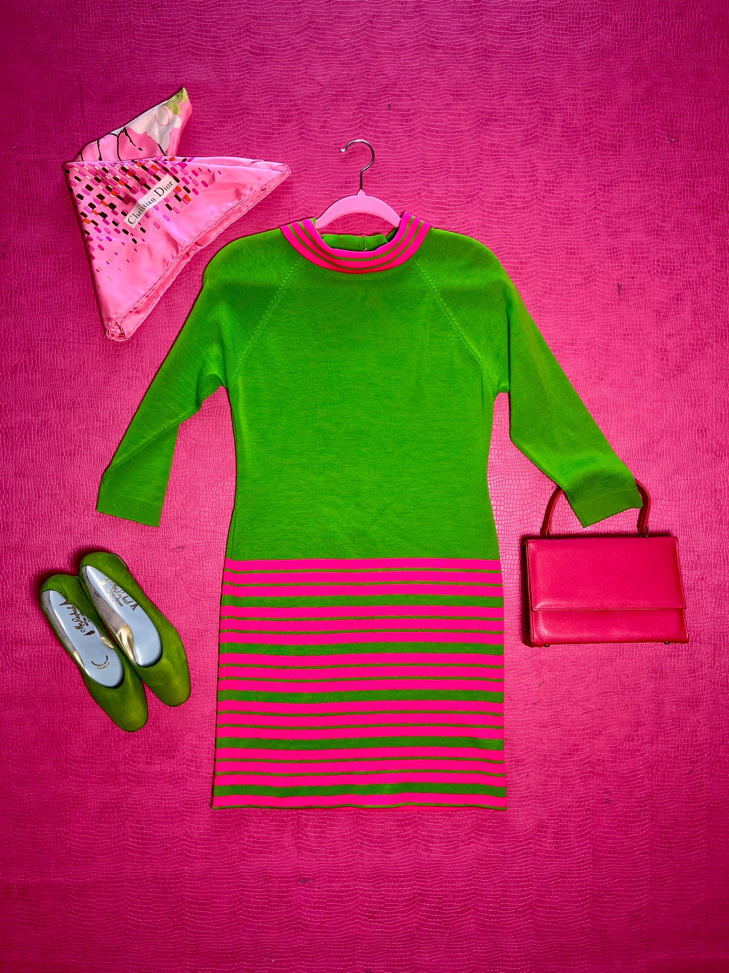 Vintage 60s "Cyrano by Sebastien" Pink & Green Knit Dress - Best Fits Size XS-M