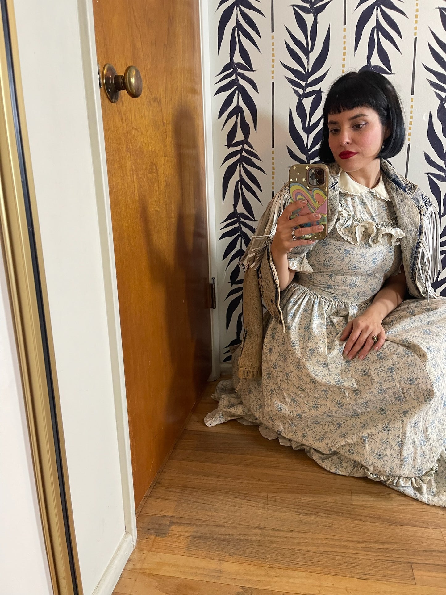 Vintage 70s Blue and Cream Prairie Dress - Best Fits Size M-L