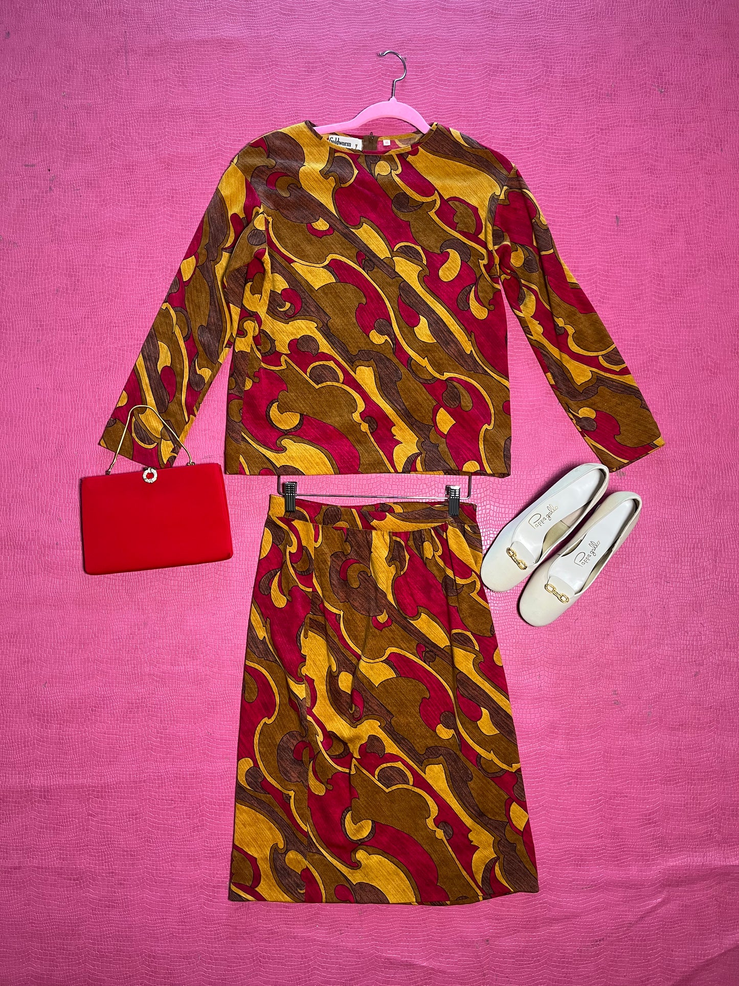 Vintage 60s "Goldworm" Psychedelic Knit Skirt Set