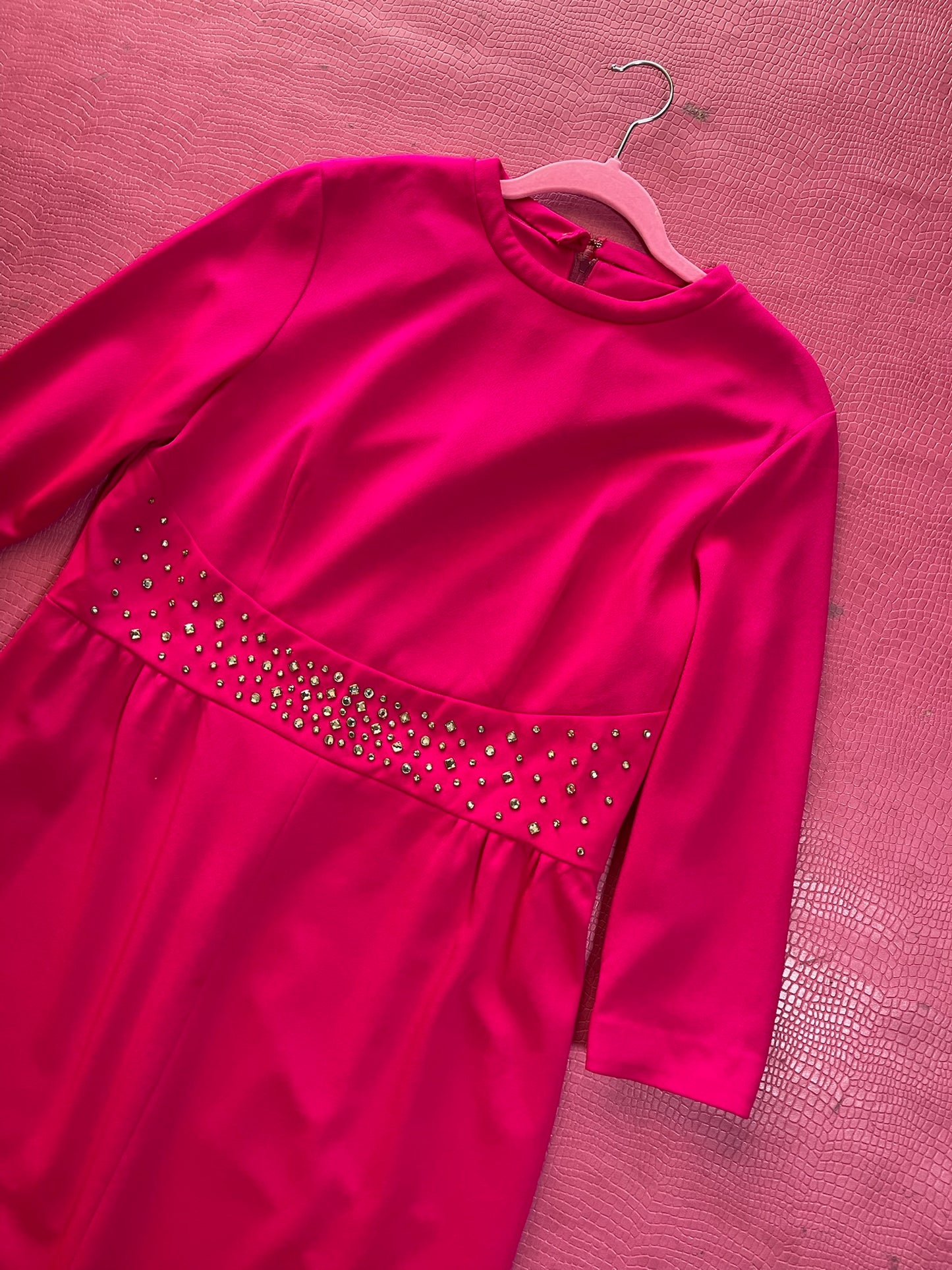 Vintage 60s 70s Hot Pink Dress w/ Rhinestone Waist - Best Fits Size M-L, Possibly XL