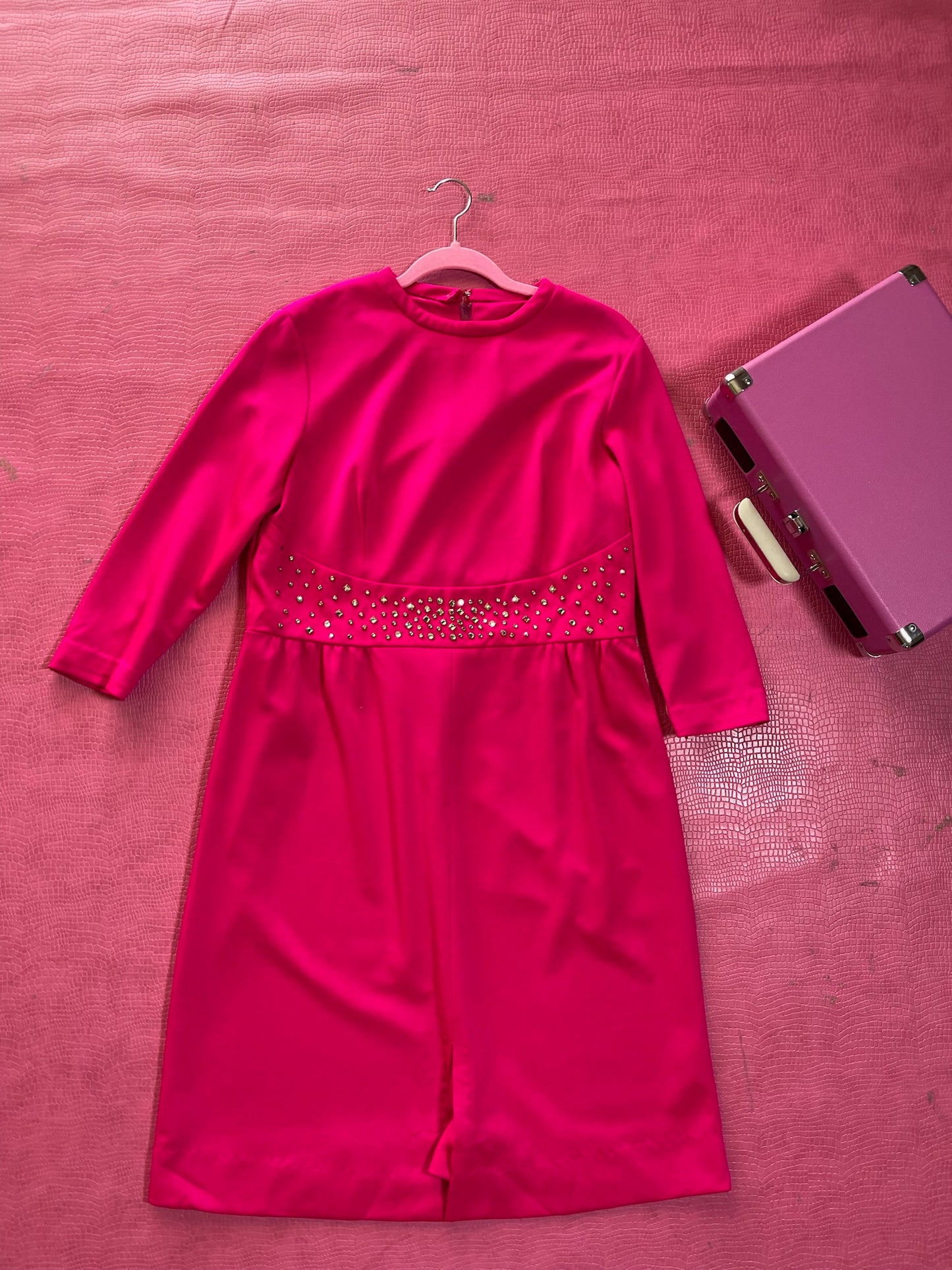 Vintage 60s 70s Hot Pink Dress w/ Rhinestone Waist - Best Fits Size M-L, Possibly XL