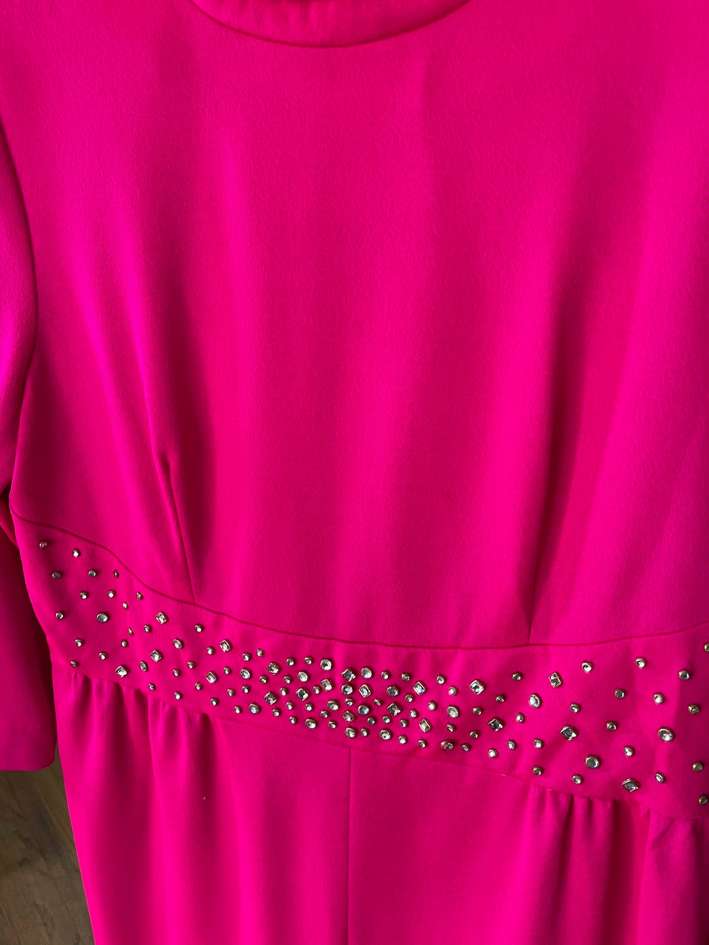 Vintage 60s 70s Hot Pink Dress w/ Rhinestone Waist - Best Fits Size M-L, Possibly XL