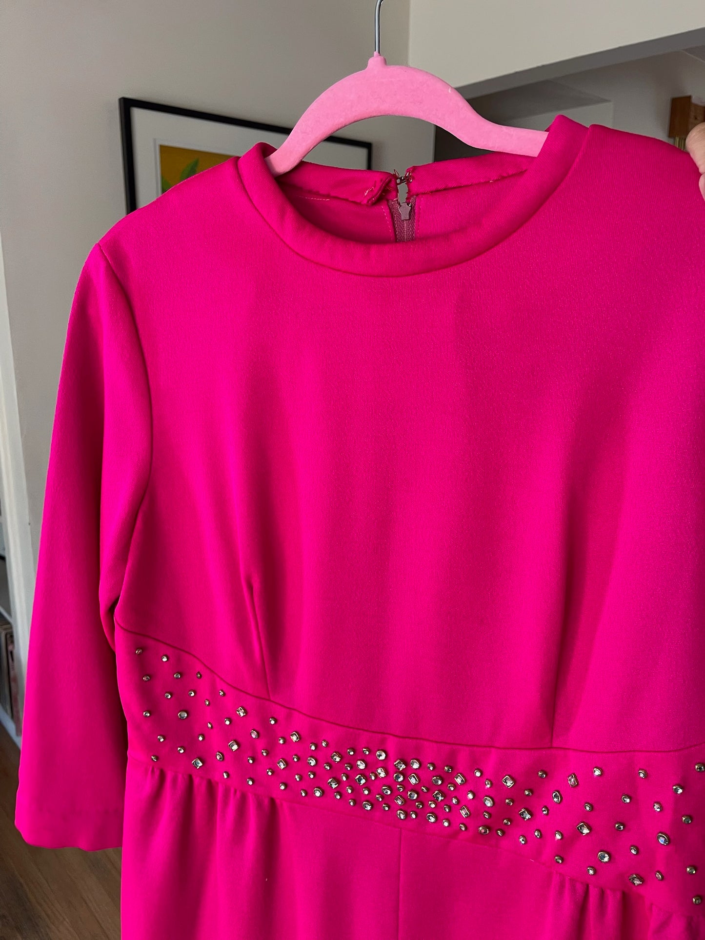 Vintage 60s 70s Hot Pink Dress w/ Rhinestone Waist - Best Fits Size M-L, Possibly XL