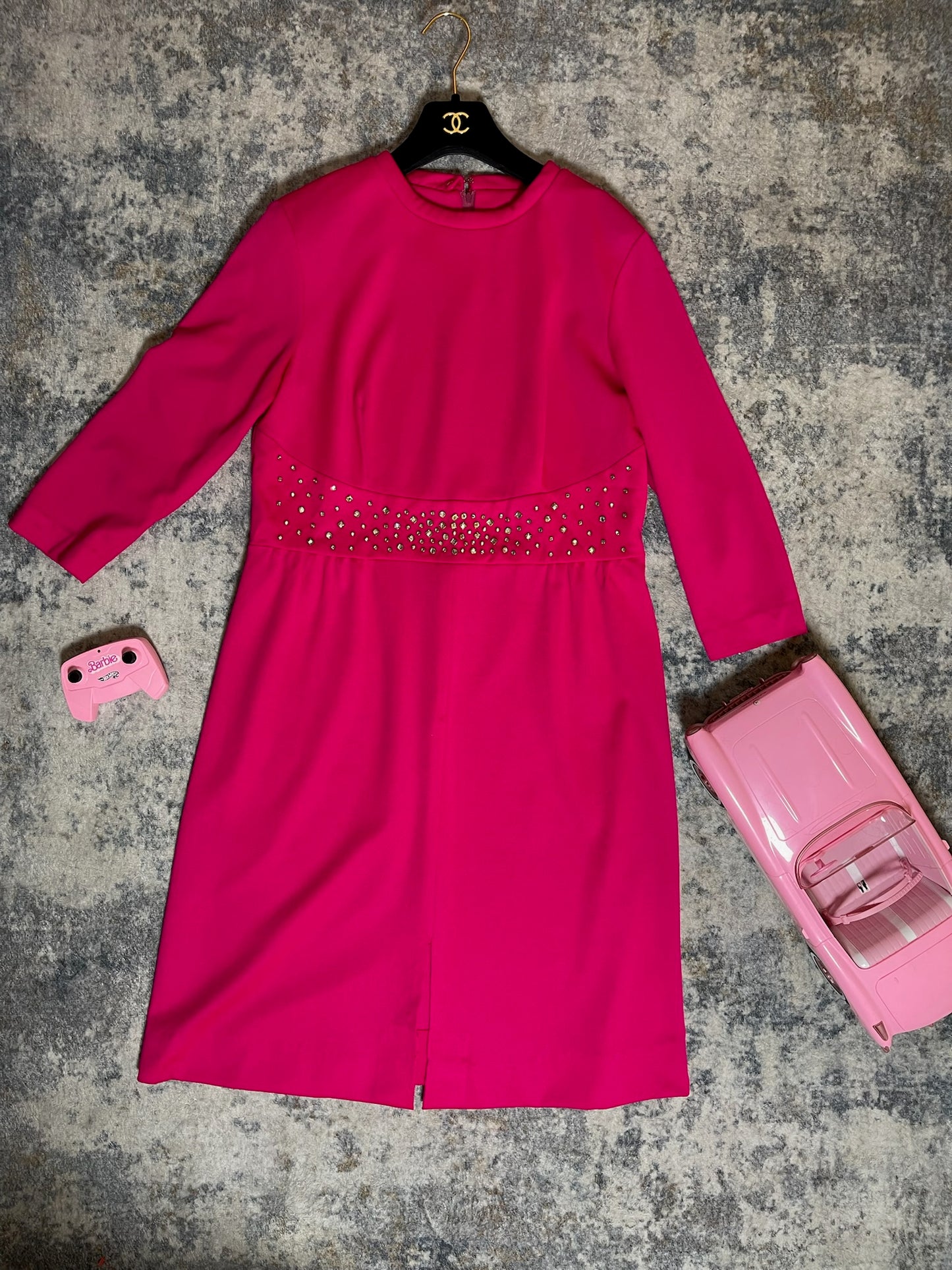 Vintage 60s 70s Hot Pink Dress w/ Rhinestone Waist - Best Fits Size M-L, Possibly XL