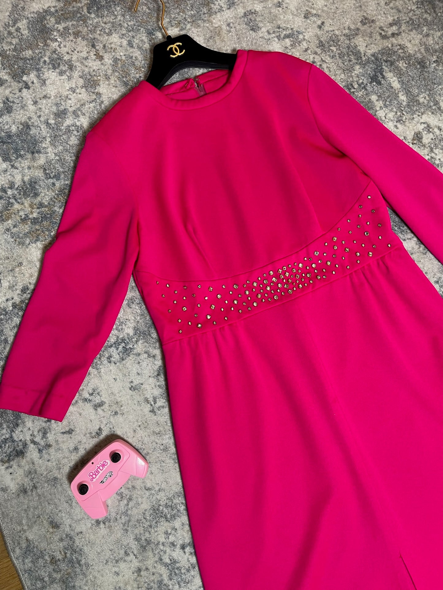 Vintage 60s 70s Hot Pink Dress w/ Rhinestone Waist - Best Fits Size M-L, Possibly XL