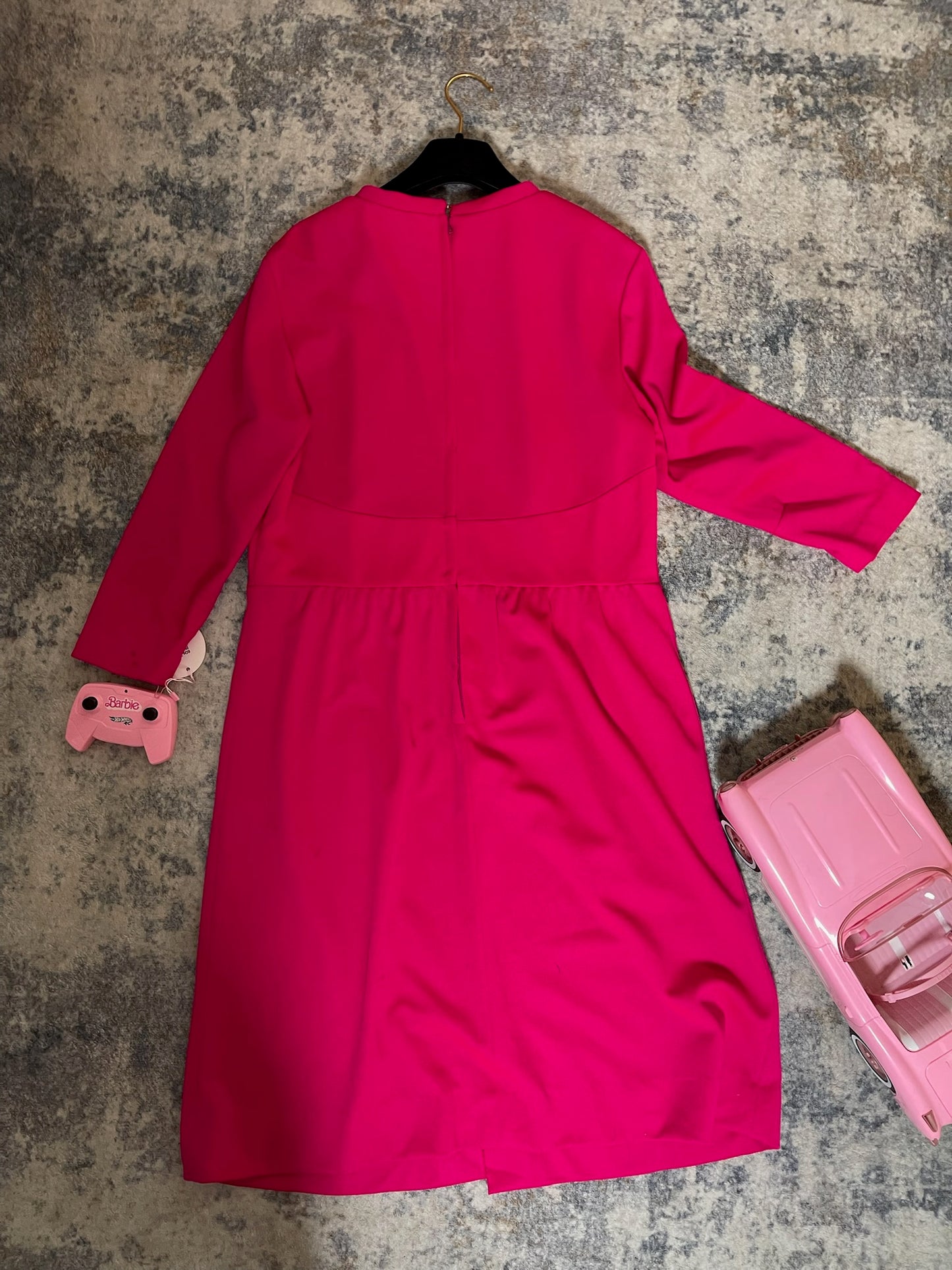 Vintage 60s 70s Hot Pink Dress w/ Rhinestone Waist - Best Fits Size M-L, Possibly XL