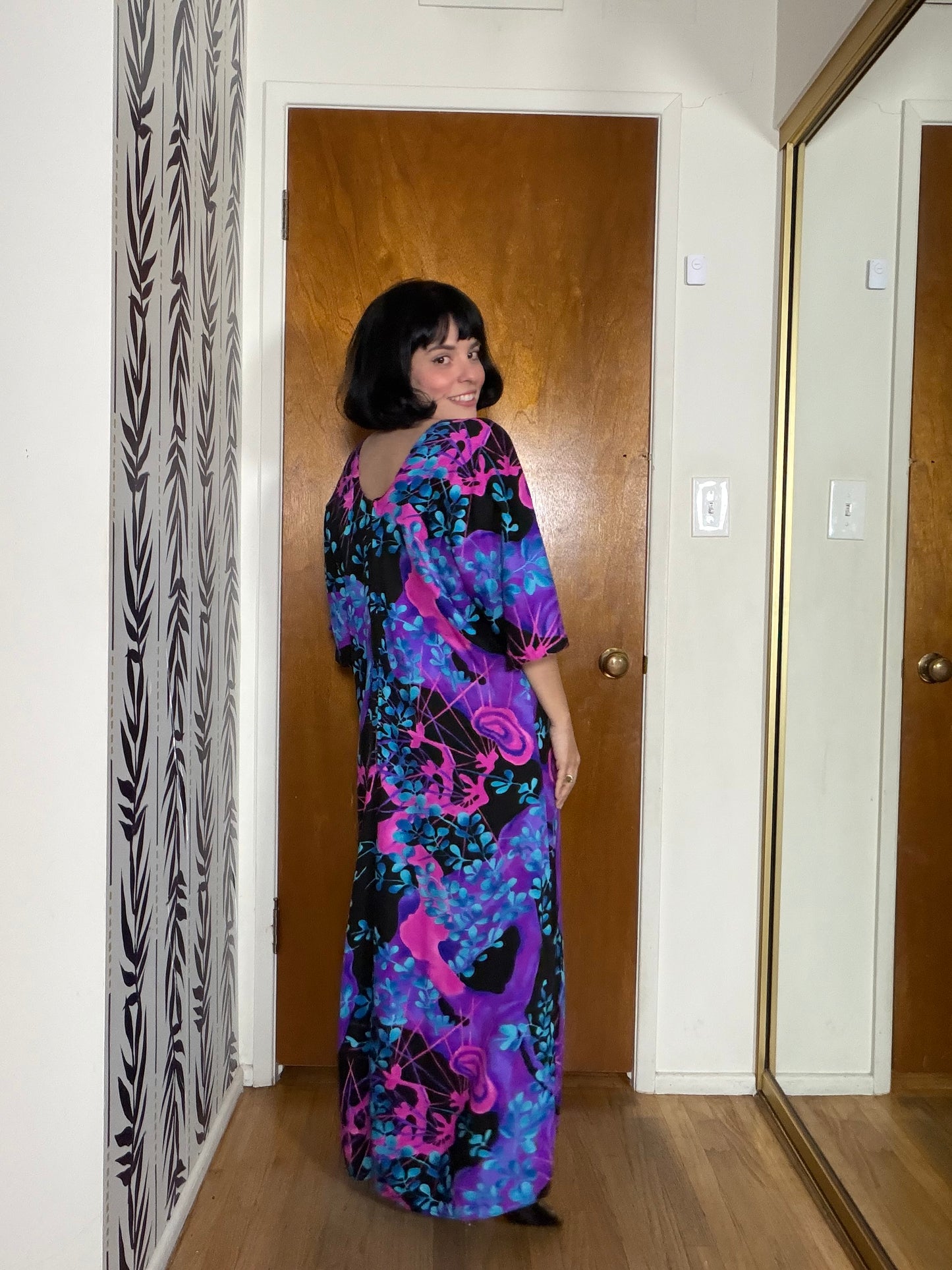 Vintage 60s Two Potato of Laguna Beach Neon Bell Sleeves Maxi Caftan Dress Fits S-L