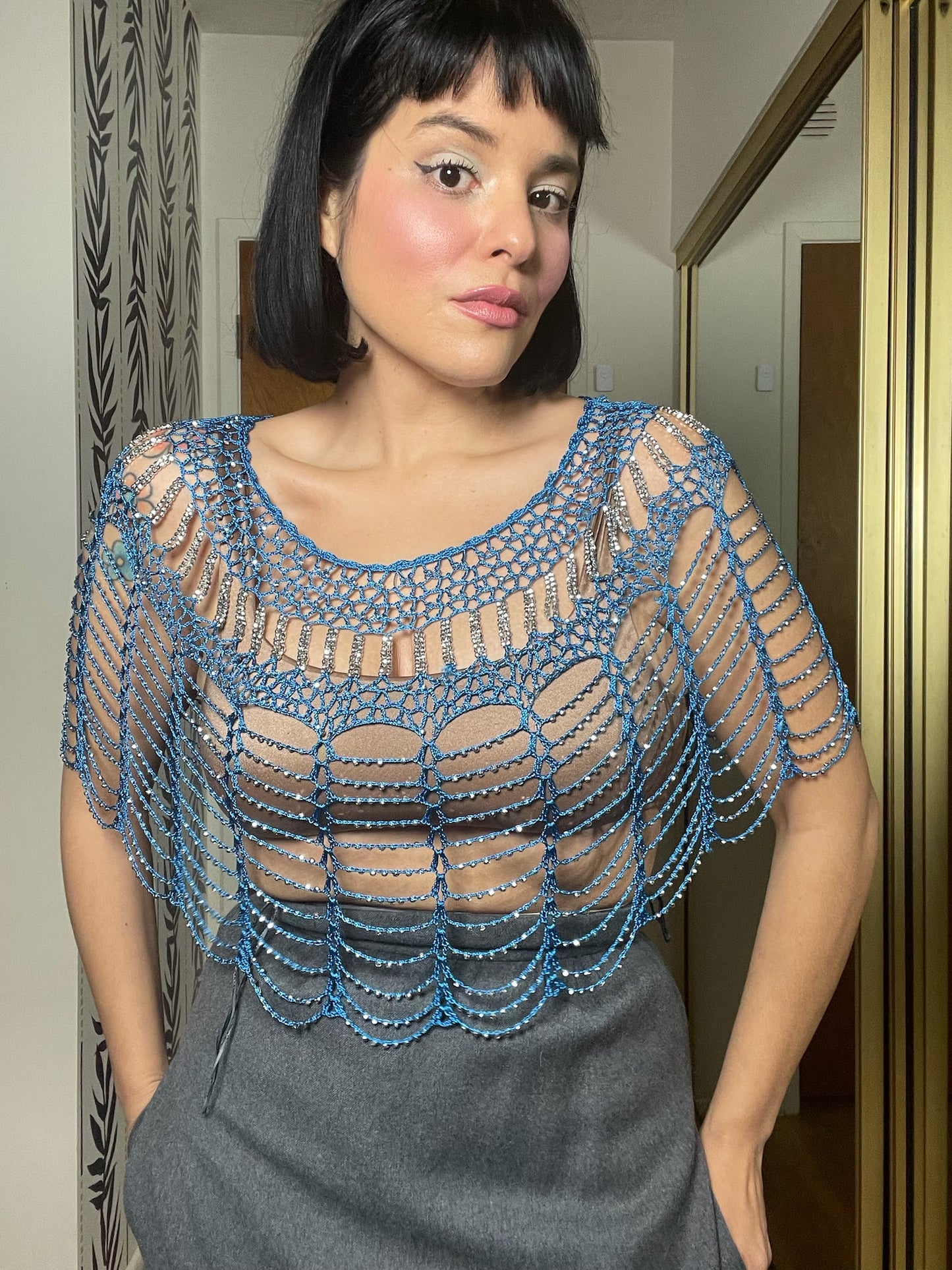 Vintage 70s Blue & Silver Beaded Shoulder Shawl - One Size