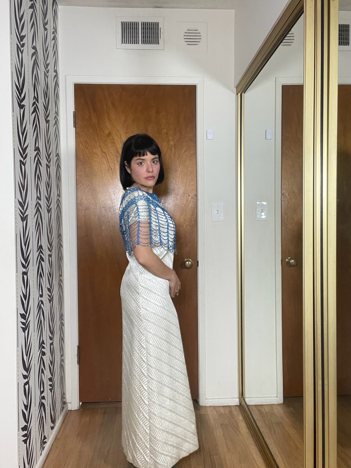 Vintage 70s Blue & Silver Beaded Shoulder Shawl - One Size