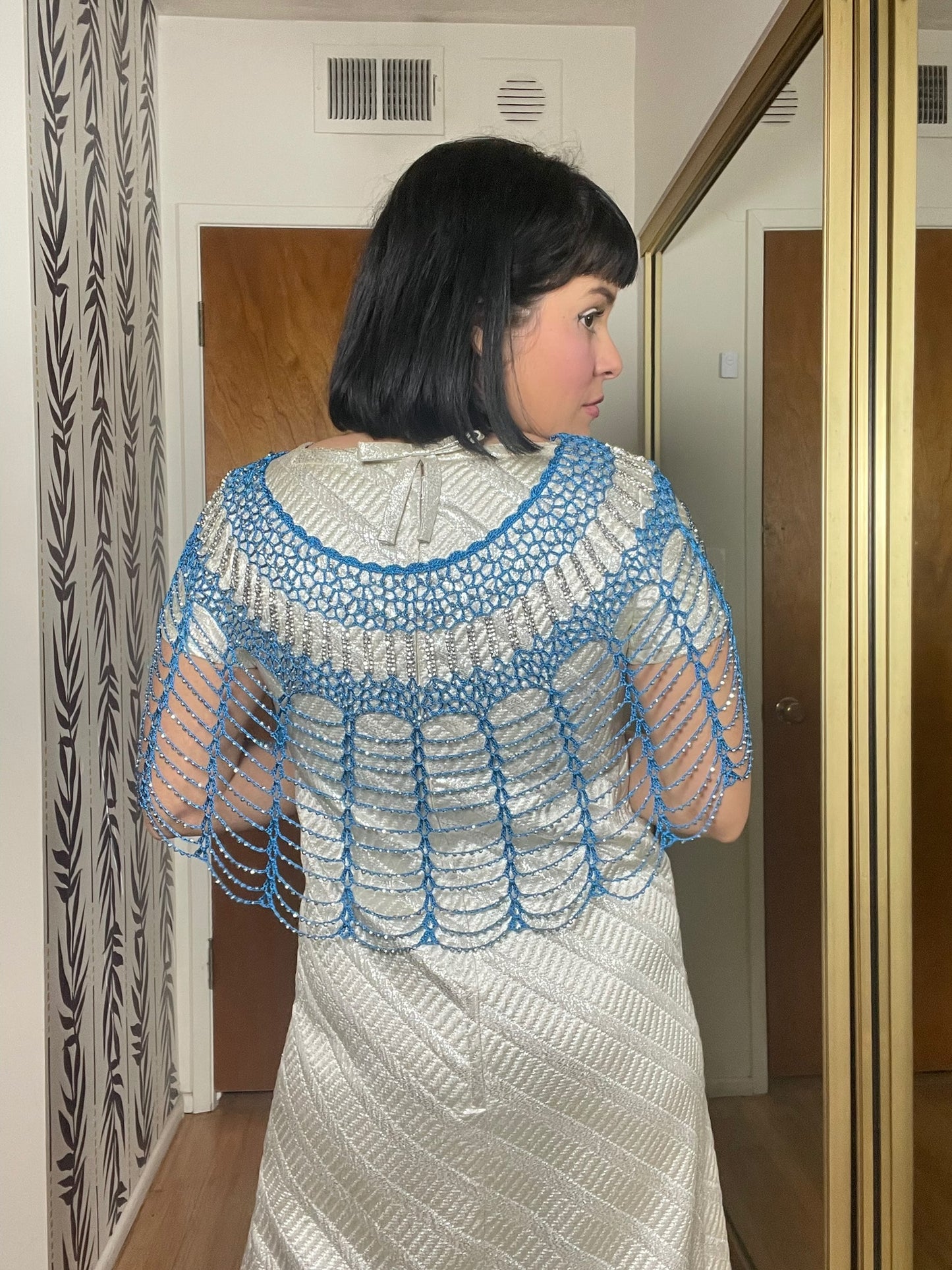 Vintage 70s Blue & Silver Beaded Shoulder Shawl - One Size