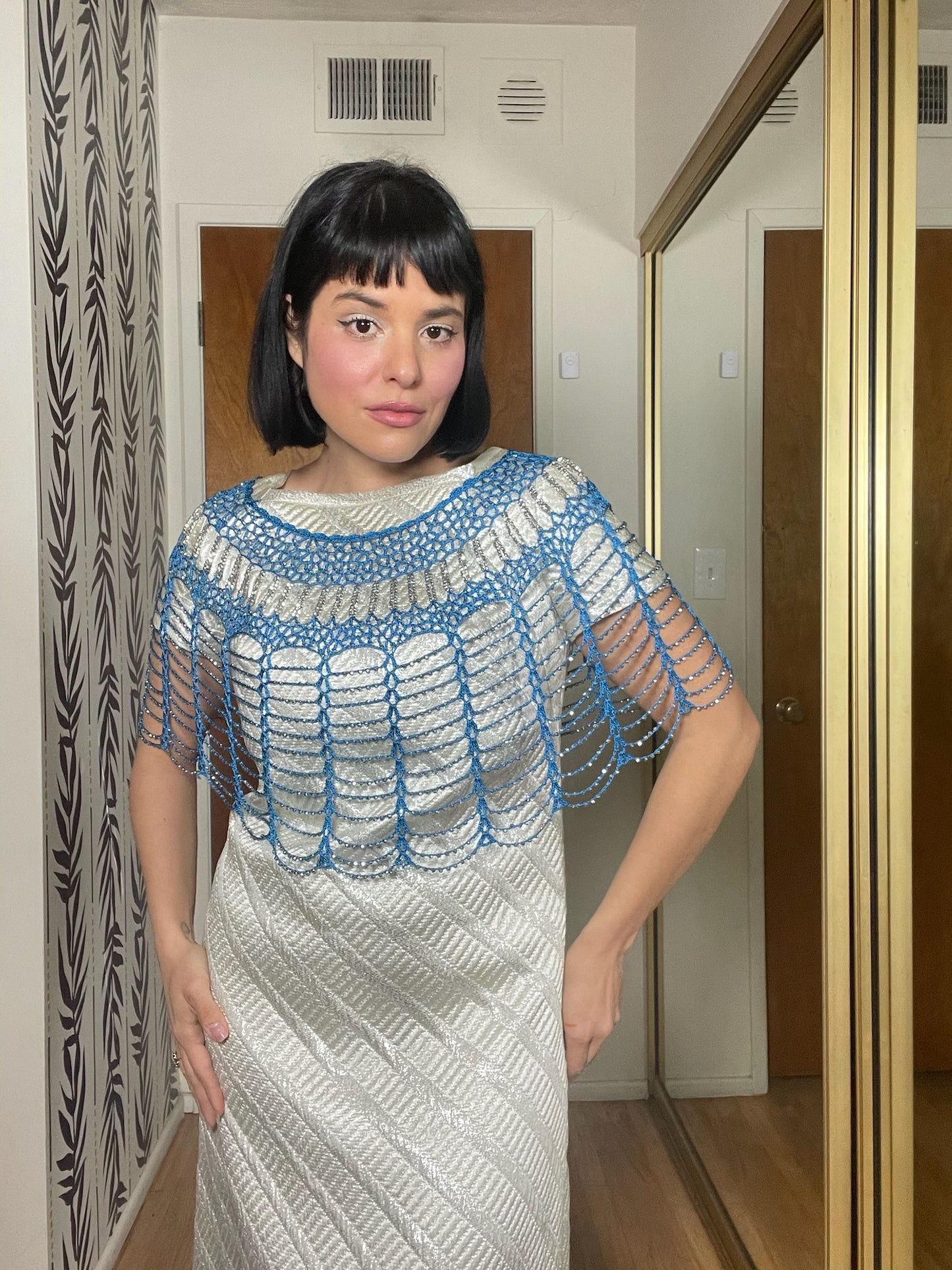 Vintage 70s Blue & Silver Beaded Shoulder Shawl - One Size