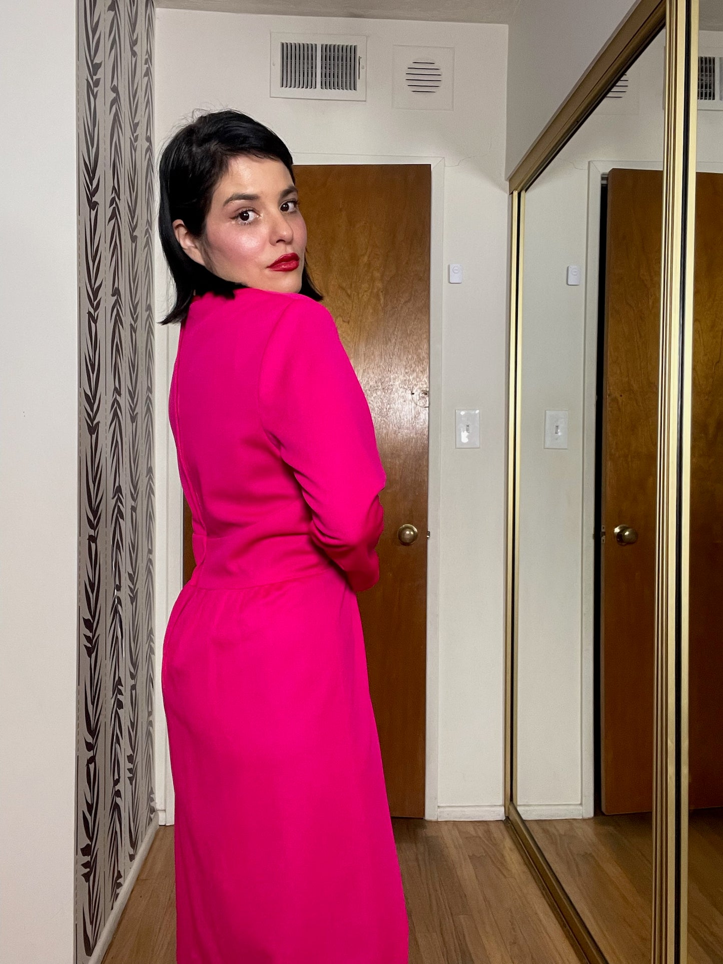 Vintage 60s 70s Hot Pink Dress w/ Rhinestone Waist - Best Fits Size M-L, Possibly XL