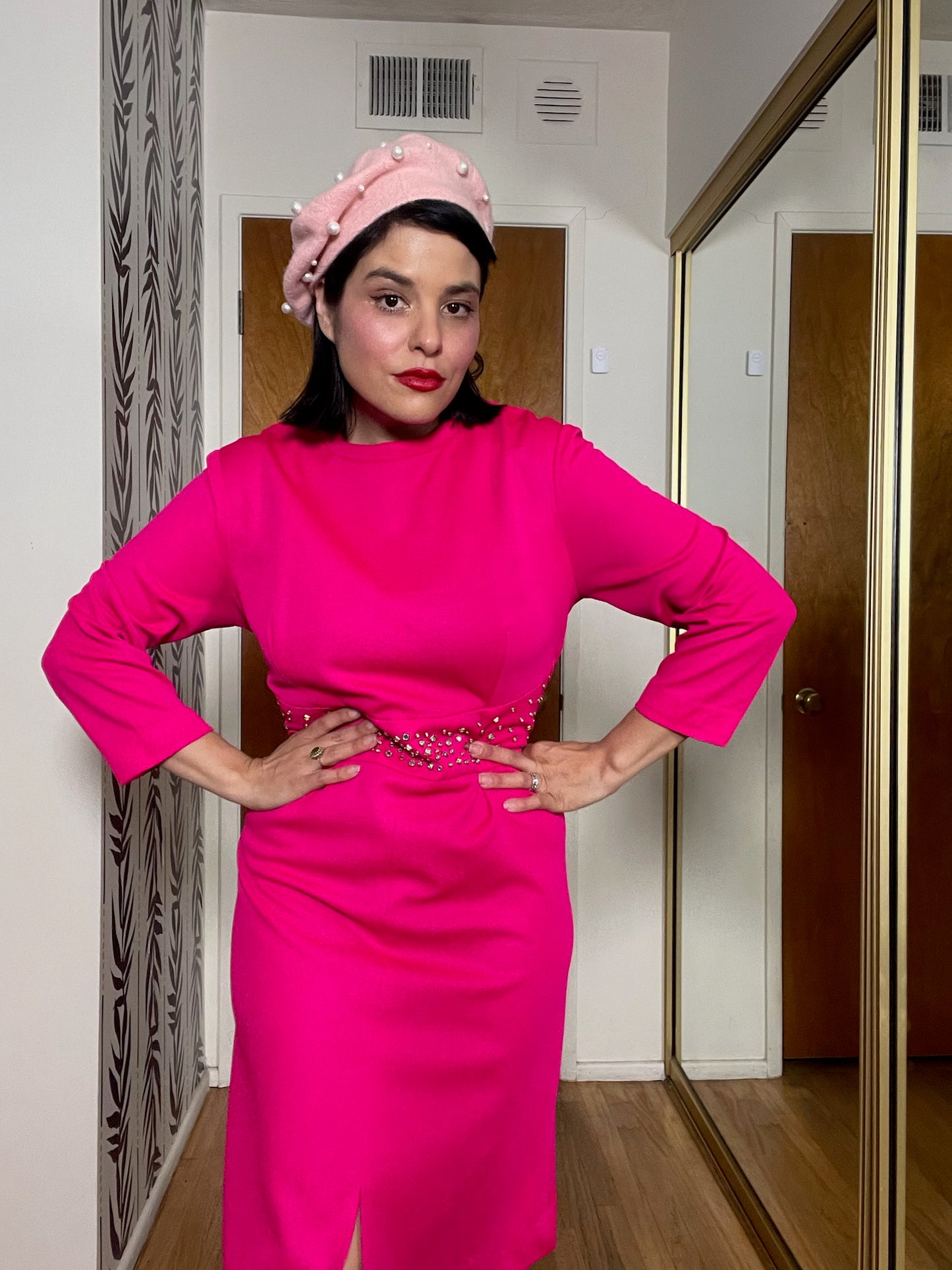 Vintage 60s 70s Hot Pink Dress w/ Rhinestone Waist - Best Fits Size M-L, Possibly XL