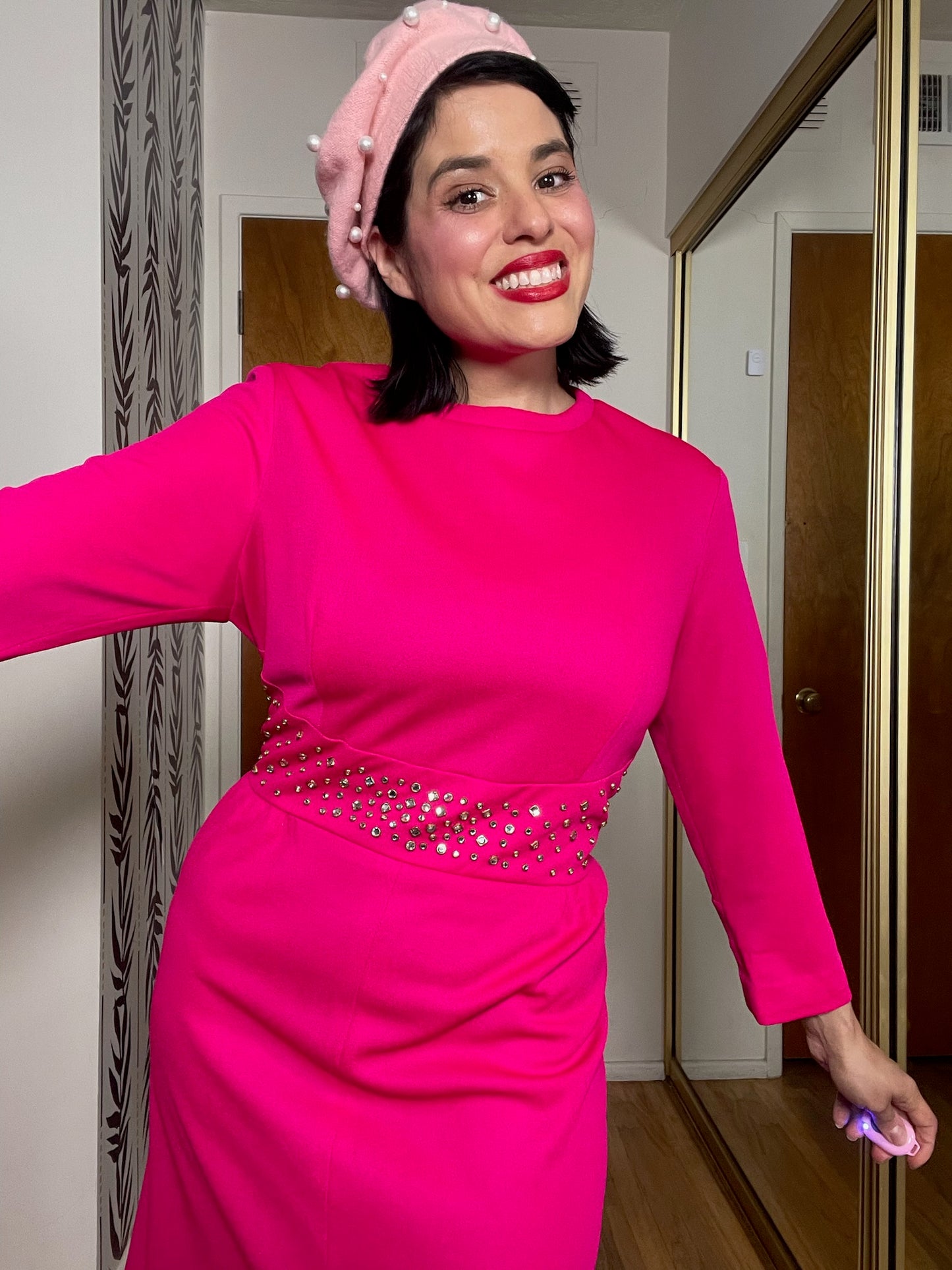 Vintage 60s 70s Hot Pink Dress w/ Rhinestone Waist - Best Fits Size M-L, Possibly XL