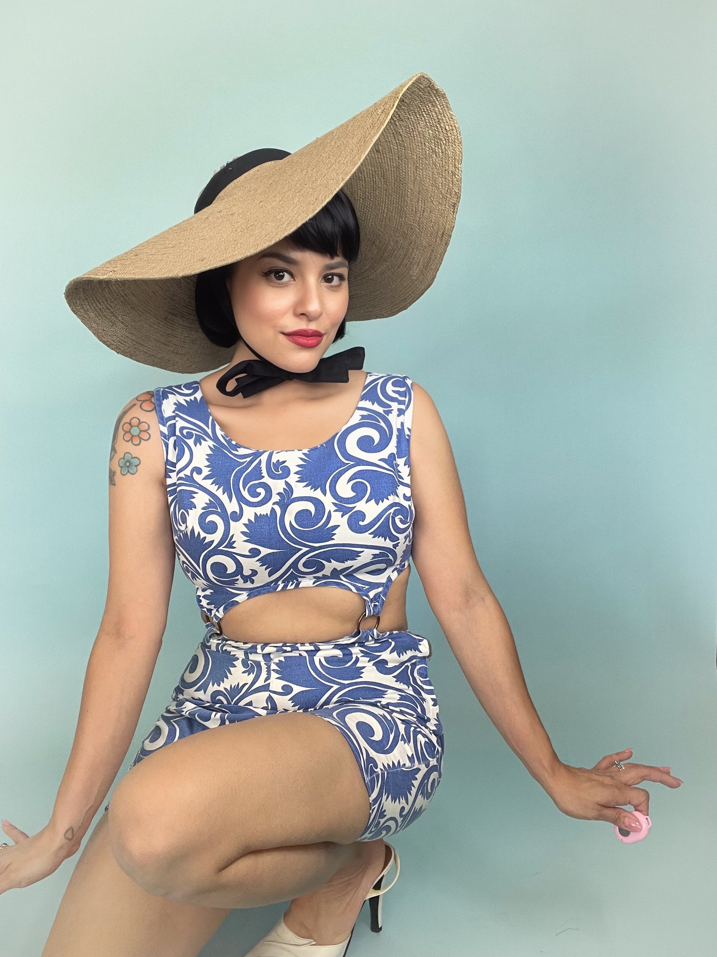 Vintage 60s / 70s Cotton Romper Peek-A-Boo Front and Back Metal Ring Cut-outs and Connectors Fits Sizes XXS-S