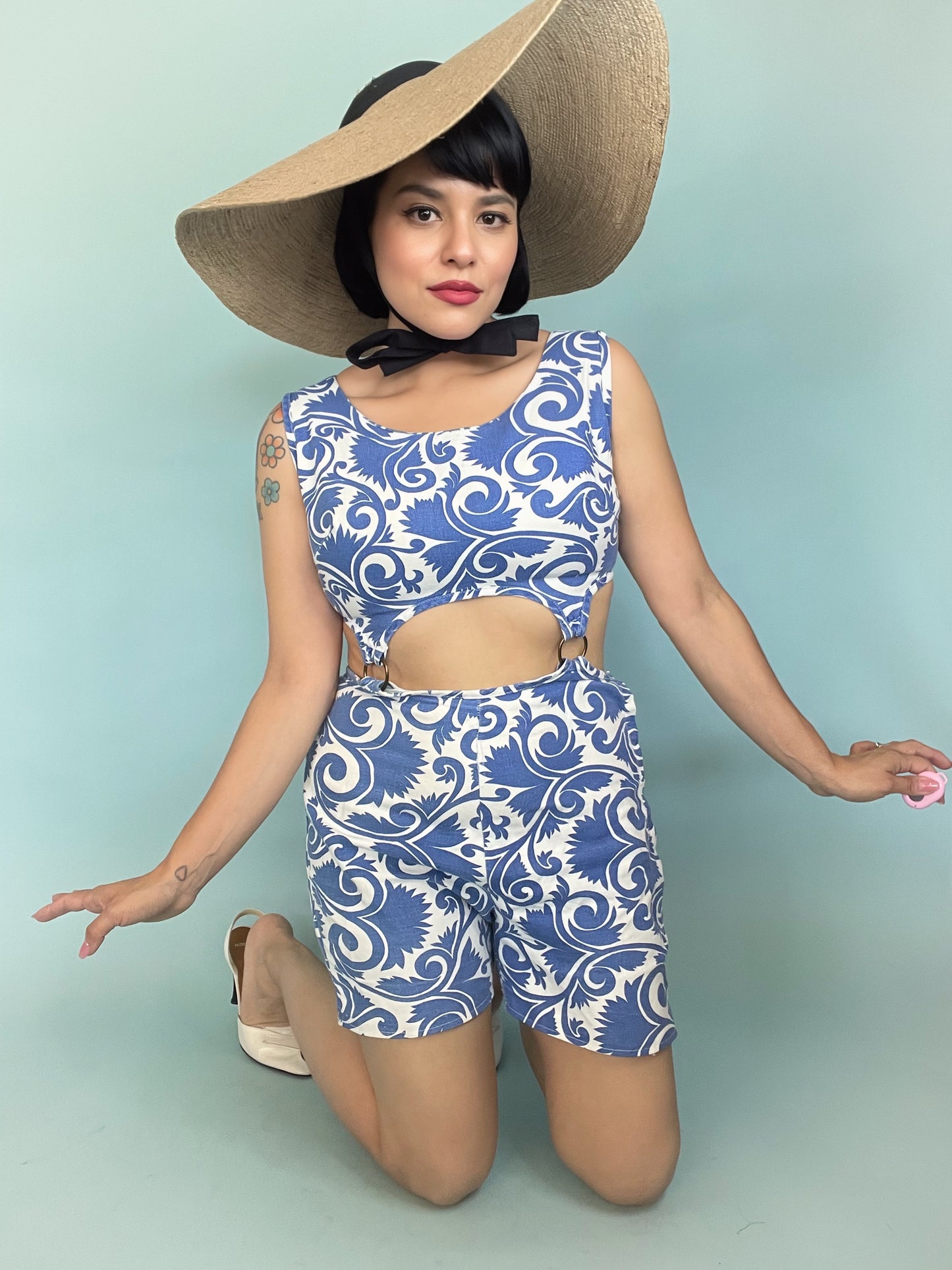 Vintage 60s / 70s Cotton Romper Peek-A-Boo Front and Back Metal Ring Cut-outs and Connectors Fits Sizes XXS-S