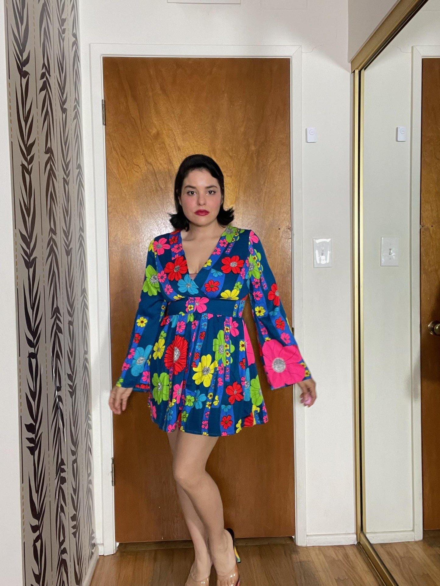 Vintage 60s Blue Hawaiian Mini Dress With Neon Flowers - Best Fits Size S