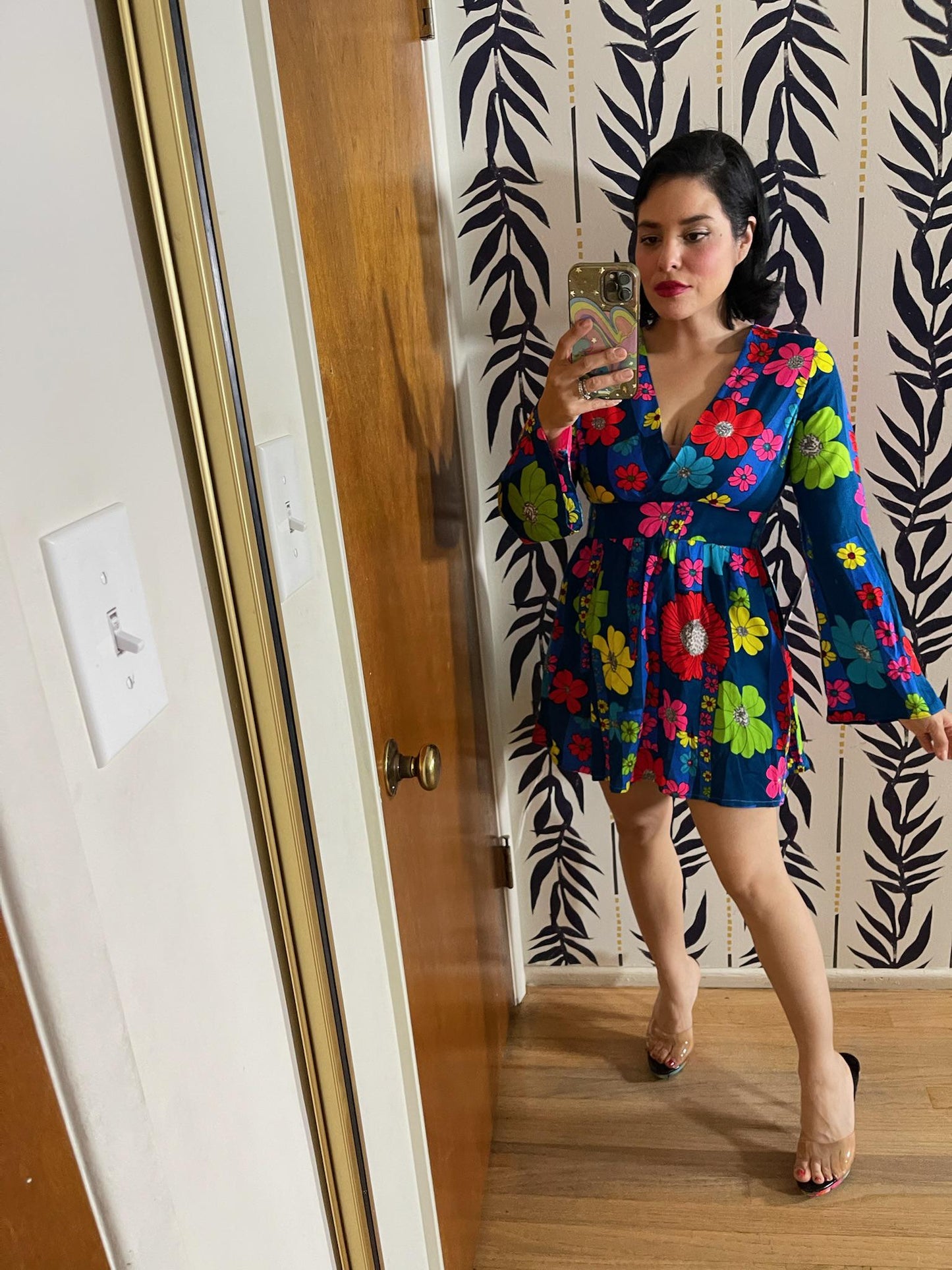 Vintage 60s Blue Hawaiian Mini Dress With Neon Flowers - Best Fits Size S