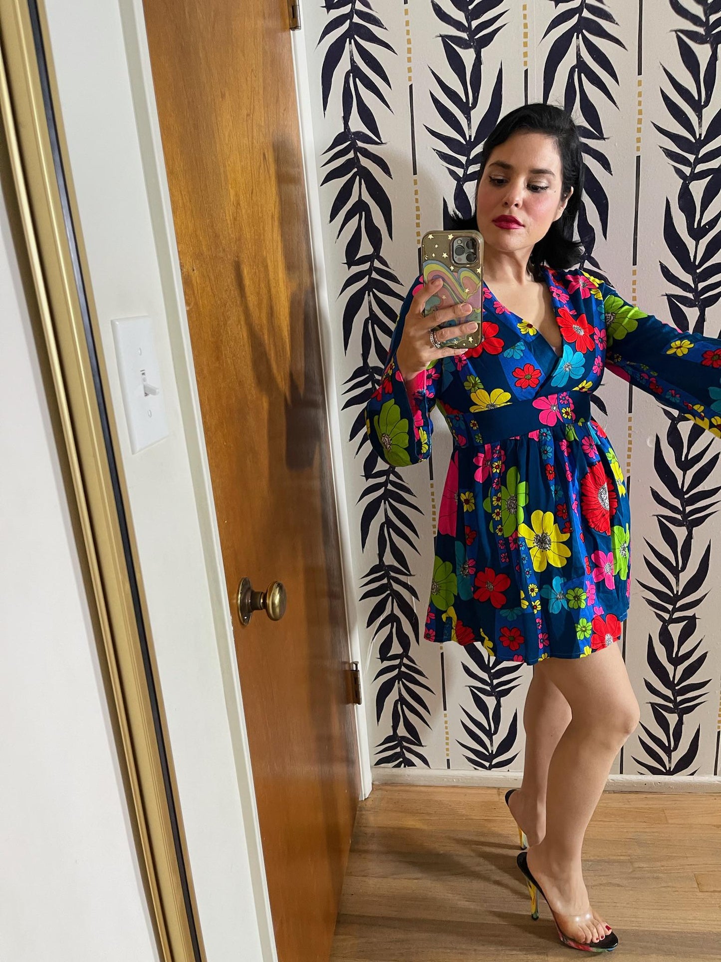 Vintage 60s Blue Hawaiian Mini Dress With Neon Flowers - Best Fits Size S