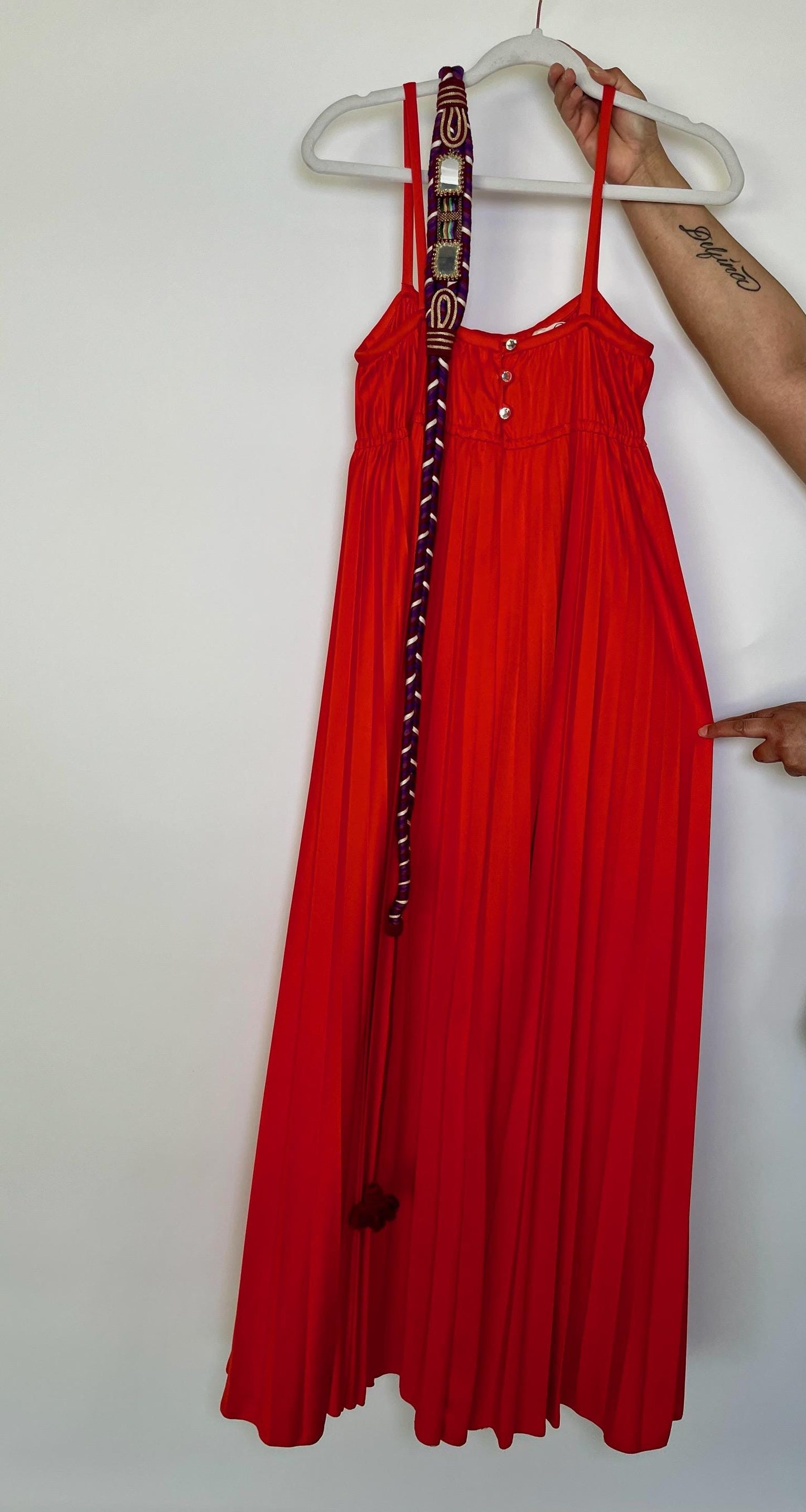 Vintage 70s "Oggee" Red Pleated Dress - Best Fits Size XS-S, Possibly M