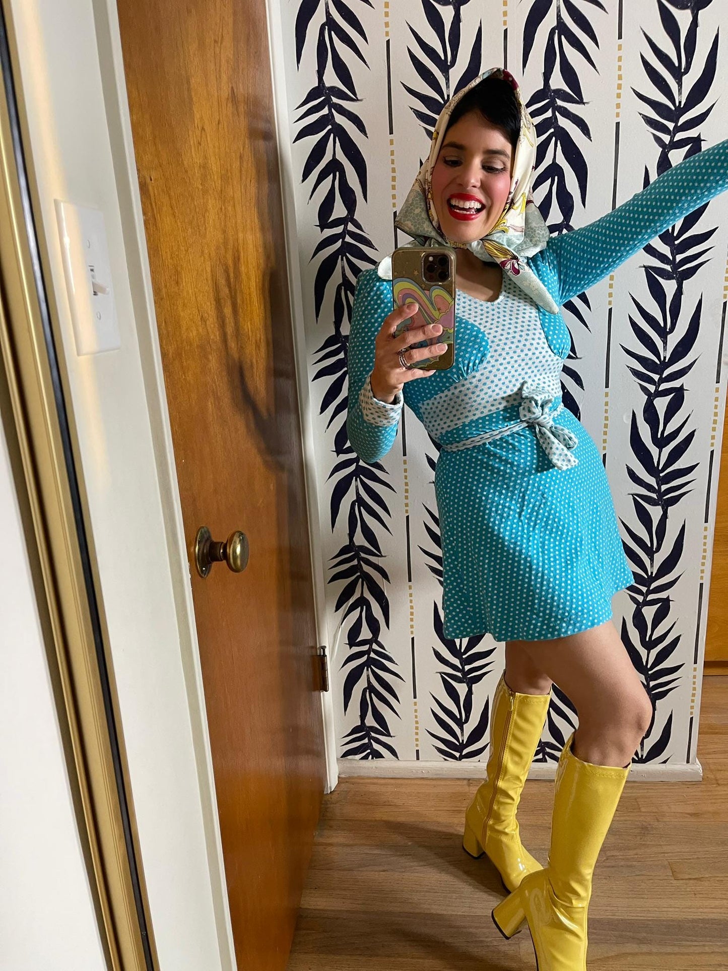 Vintage 60s 70s Blue Tonal Polka Dots Mini Dress - Best Fits Size XS-S